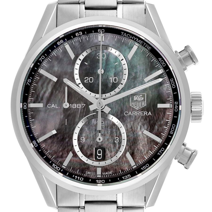 The Tag Heuer Carrera watch is shown from the front, displaying its dial, crown, chronograph subdials, and bracelet.