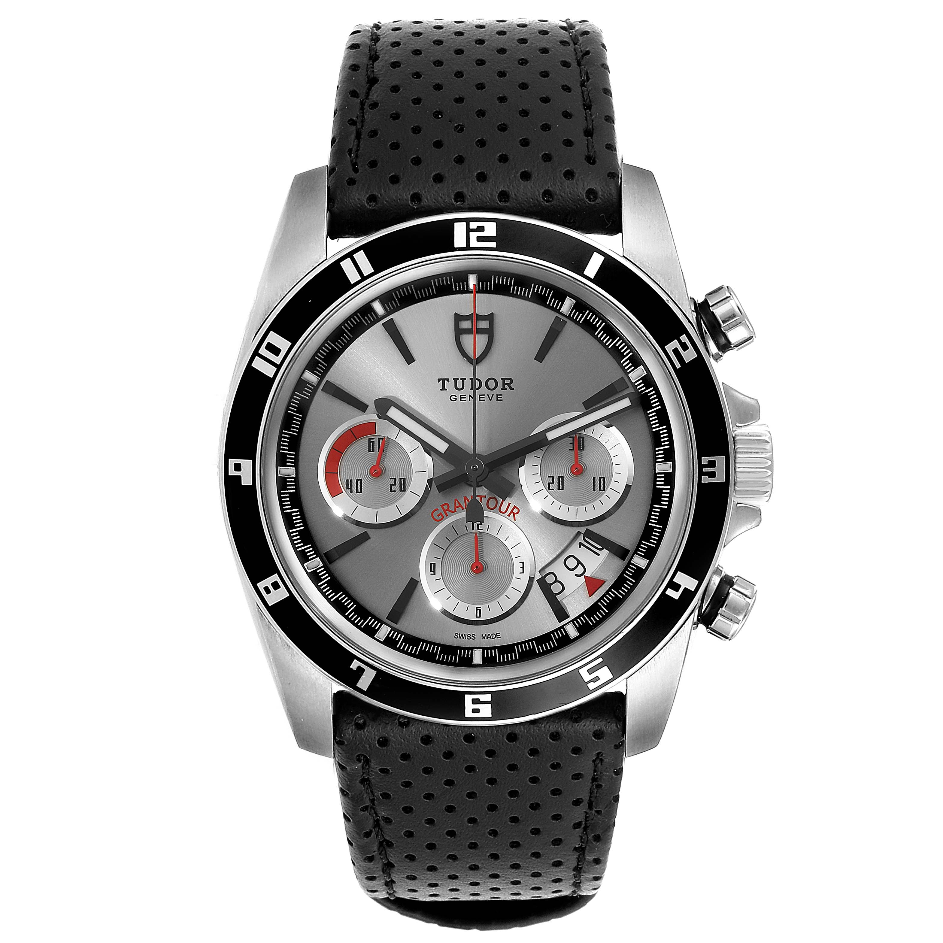 The Tudor Grantour 20530N Men
s Stainless Steel Silver Dial 20530N Men
s Stainless Steel Silver Dial watch is shown from a front angle, highlighting its face, chronograph, and perforated strap.