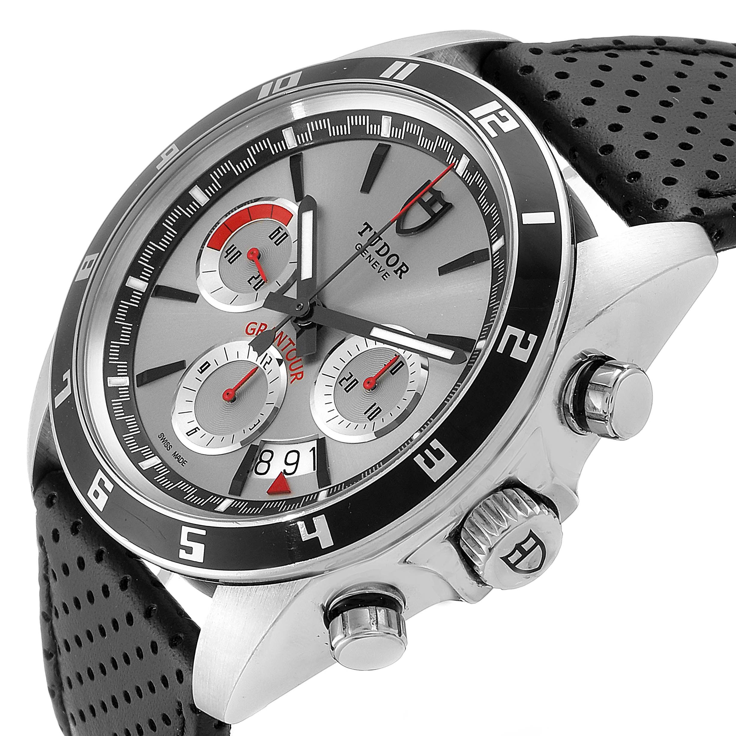 The image shows a Tudor Grantour 20530N Men
s Stainless Steel Silver Dial 20530N Men
s Stainless Steel Silver Dial watch at an angle, highlighting the face, chronograph subdials, crown, and pushers.