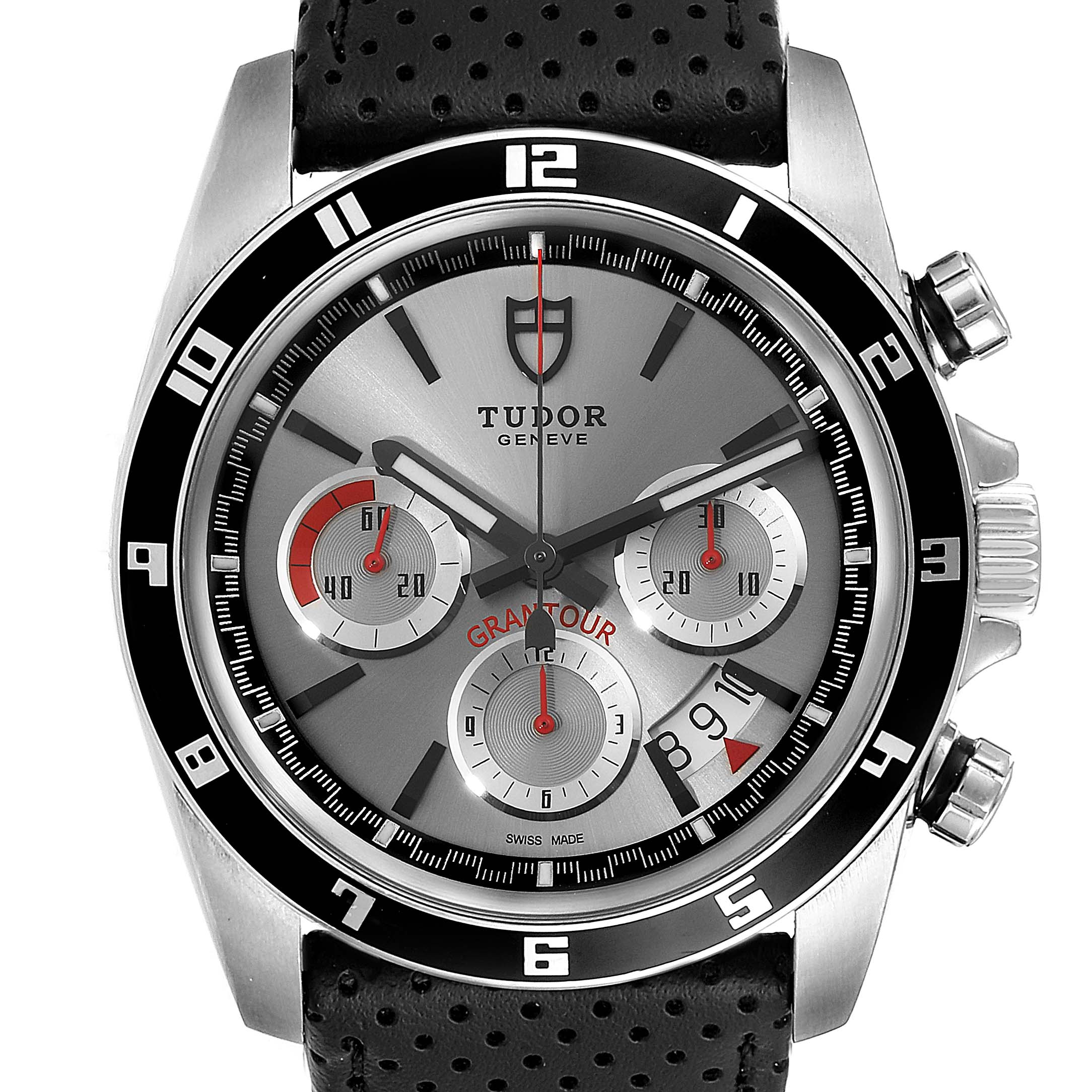 This image shows a front view of a Tudor Grantour 20530N Men
s Stainless Steel Silver Dial 20530N Men
s Stainless Steel Silver Dial watch, displaying the dial, bezel, and pushers.