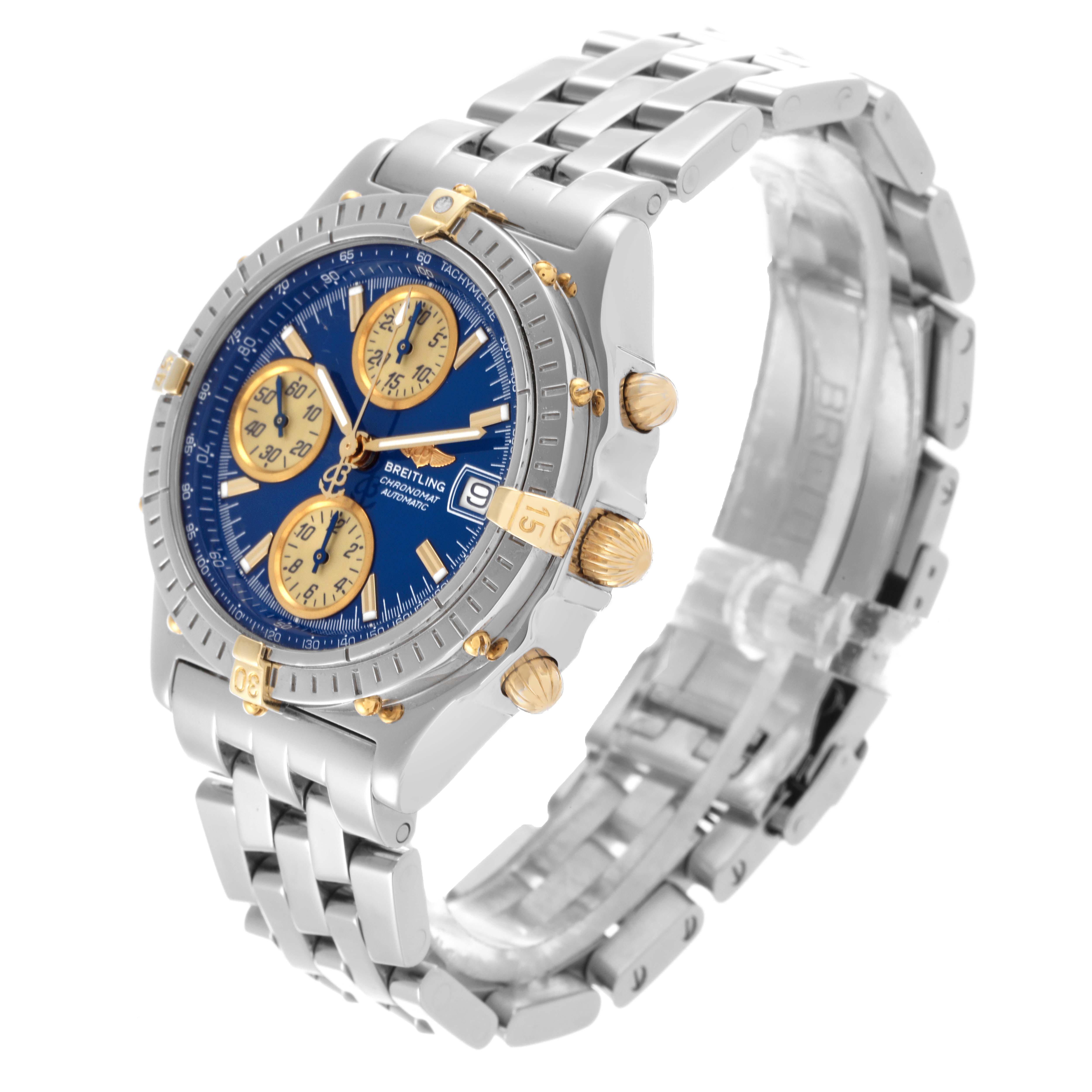 The Breitling Chronomat B13050 Men's Stainless Steel Blue Dial B13050 Men's Stainless Steel Blue Dial watch is shown at a three-quarter angle, displaying the face, case, and bracelet.