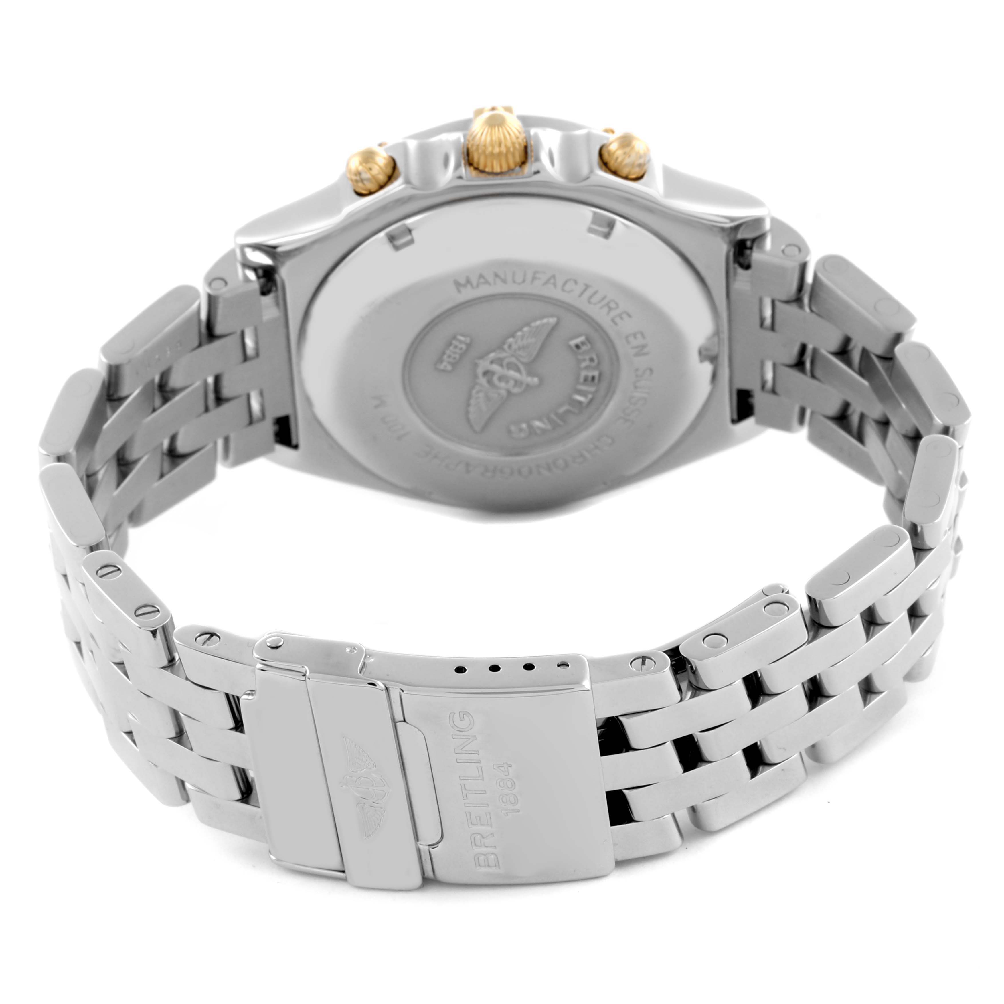 The image shows the Breitling Chronomat B13050 Men's Stainless Steel Blue Dial B13050 Men's Stainless Steel Blue Dial watch from the rear, highlighting the case back and metal bracelet.