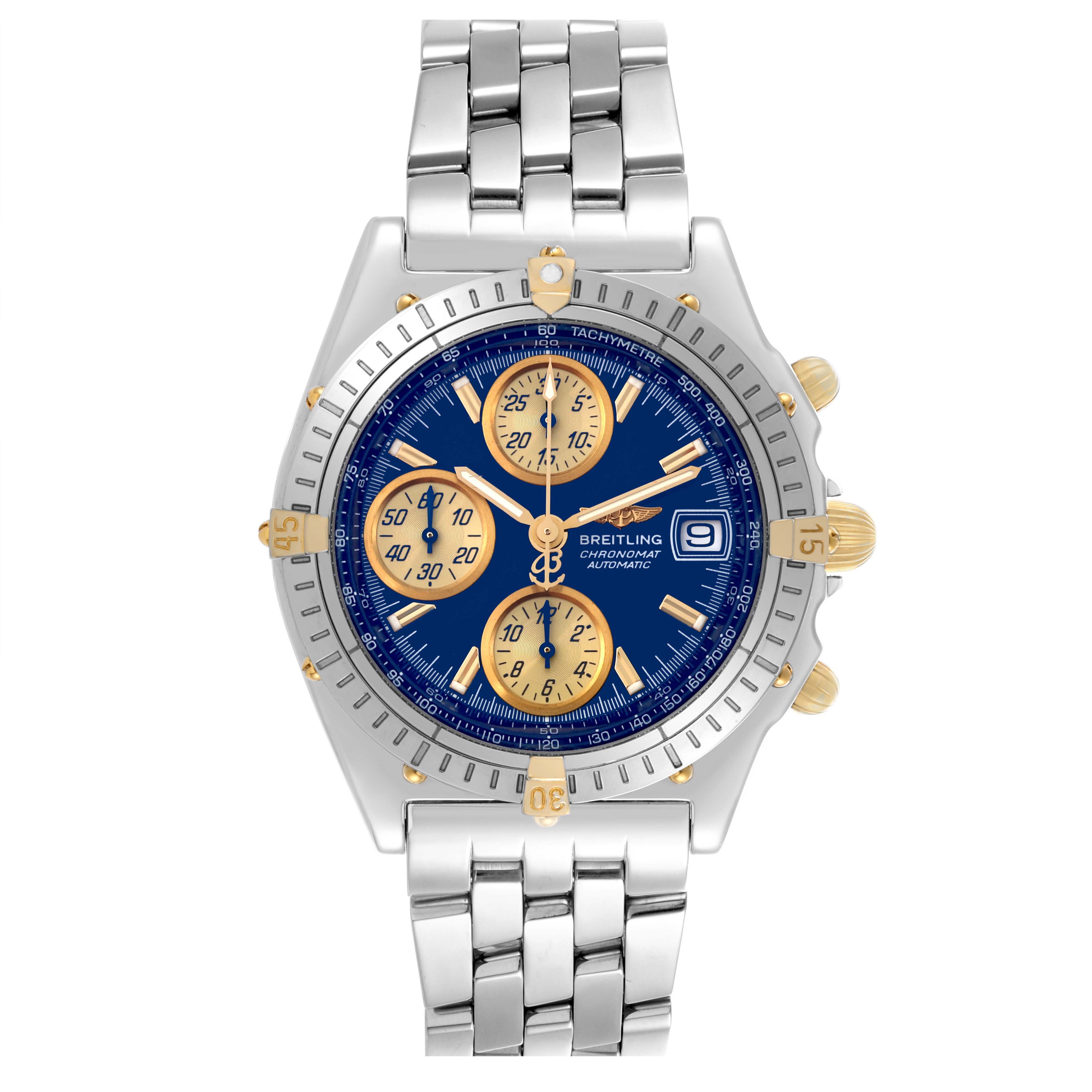 The Breitling Chronomat B13050 Men's Stainless Steel Blue Dial B13050 Men's Stainless Steel Blue Dial watch is shown from a front angle, displaying its dial, case, and bracelet.