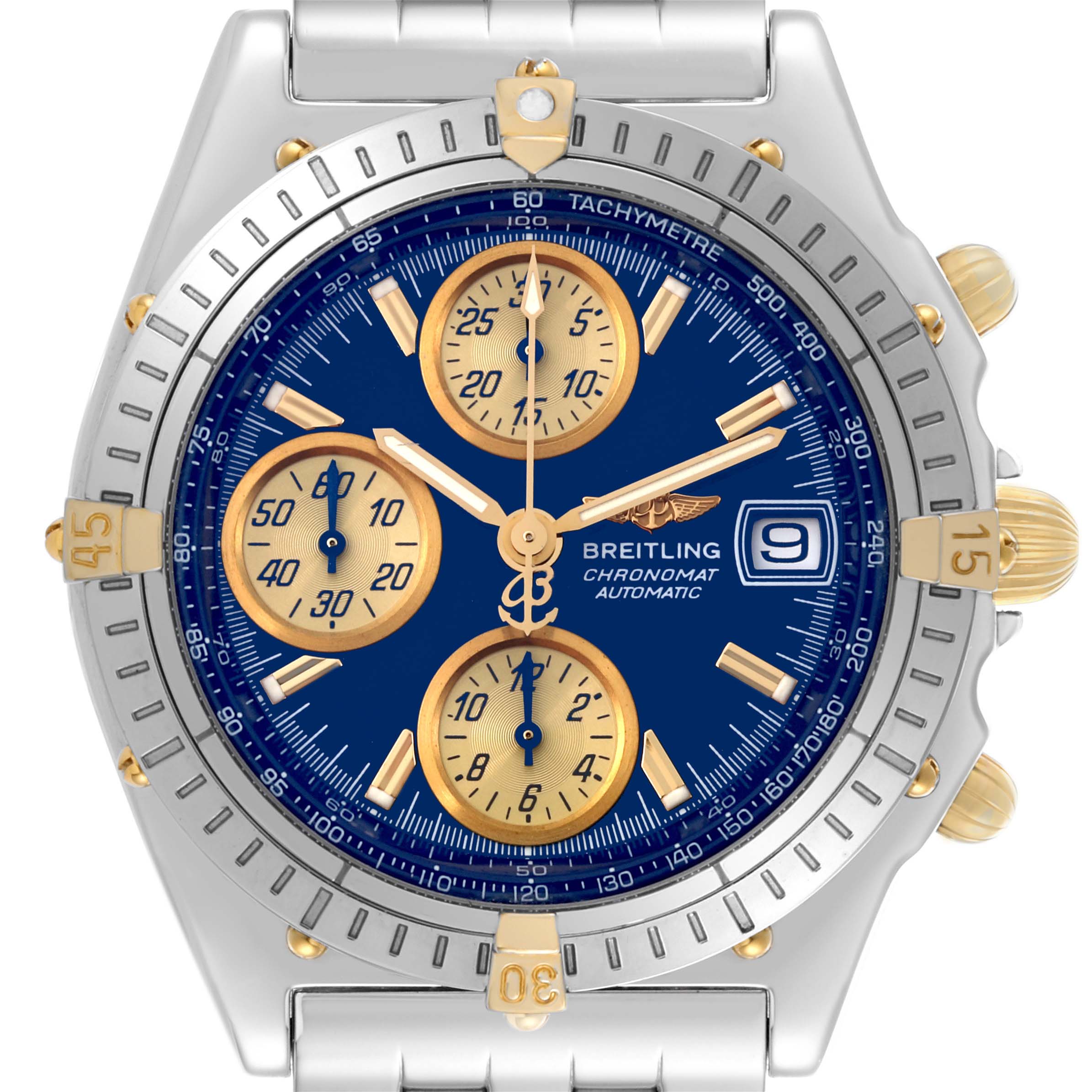 The Breitling Chronomat B13050 Men's Stainless Steel Blue Dial B13050 Men's Stainless Steel Blue Dial watch is shown from the front, highlighting its dial, subdials, bezel, and pushers.