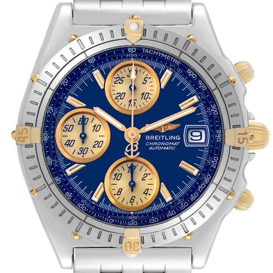 The Breitling Chronomat watch is shown from the front, highlighting its dial, subdials, bezel, and pushers.