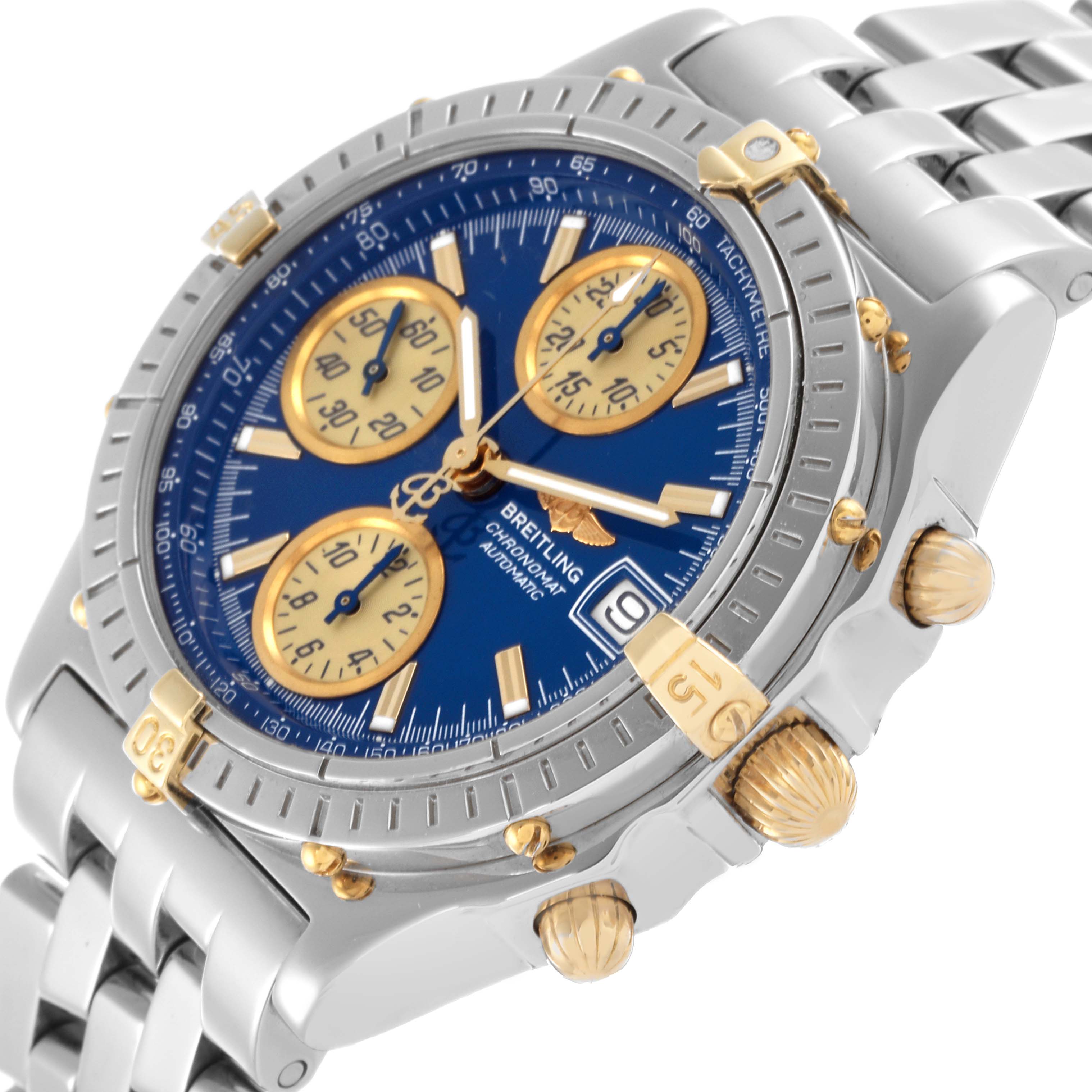 The image shows a Breitling Chronomat B13050 Men's Stainless Steel Blue Dial B13050 Men's Stainless Steel Blue Dial watch from a side angle, highlighting the dial, crown, pushers, and stainless steel bracelet.