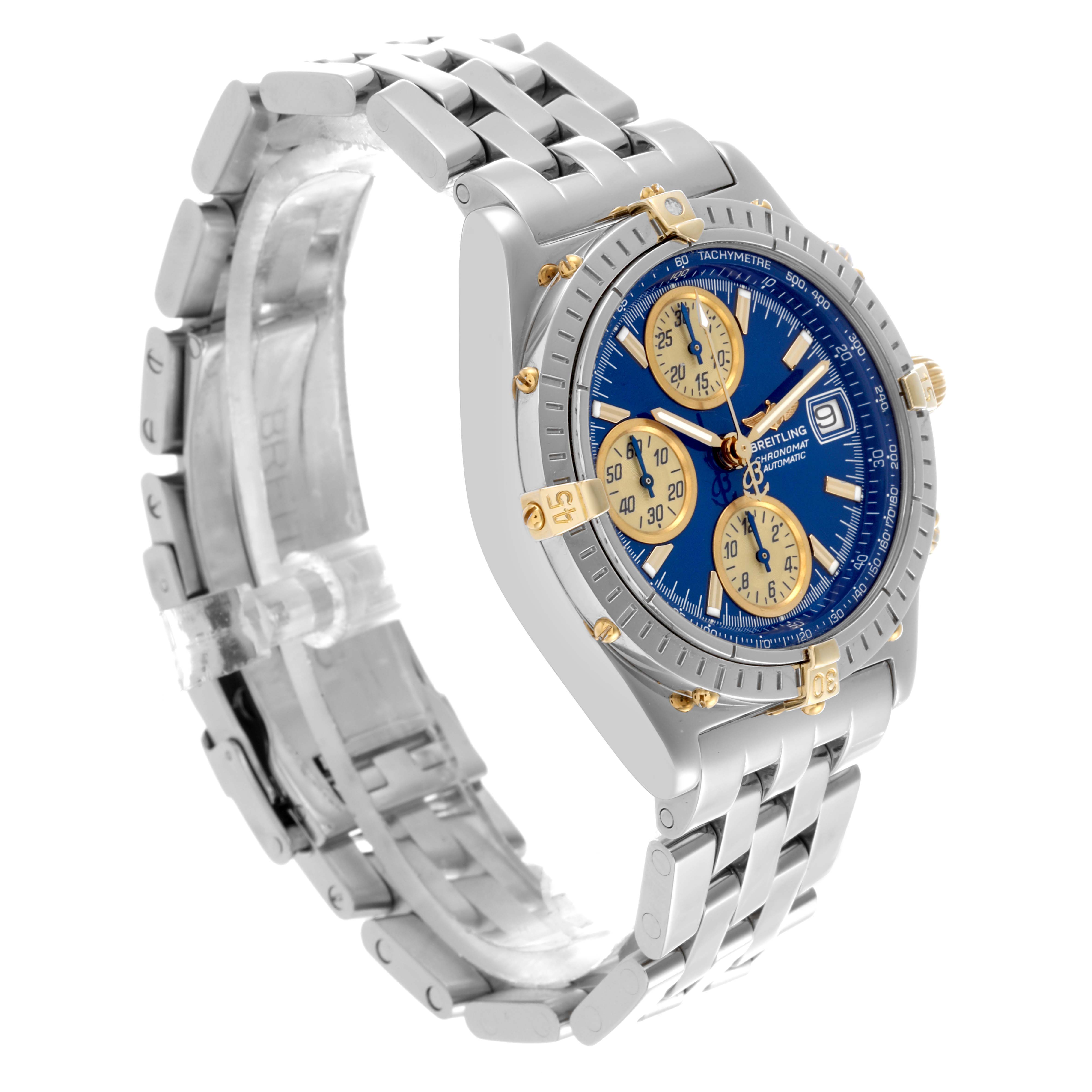 The Breitling Chronomat B13050 Men's Stainless Steel Blue Dial B13050 Men's Stainless Steel Blue Dial watch is shown at a three-quarter angle, highlighting the case, bezel, dial, and bracelet.