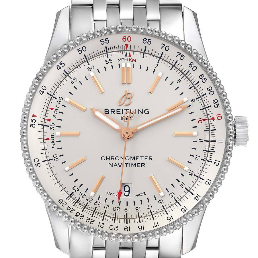 The image shows a frontal view of a Breitling Navitimer watch, highlighting the face and bracelet.