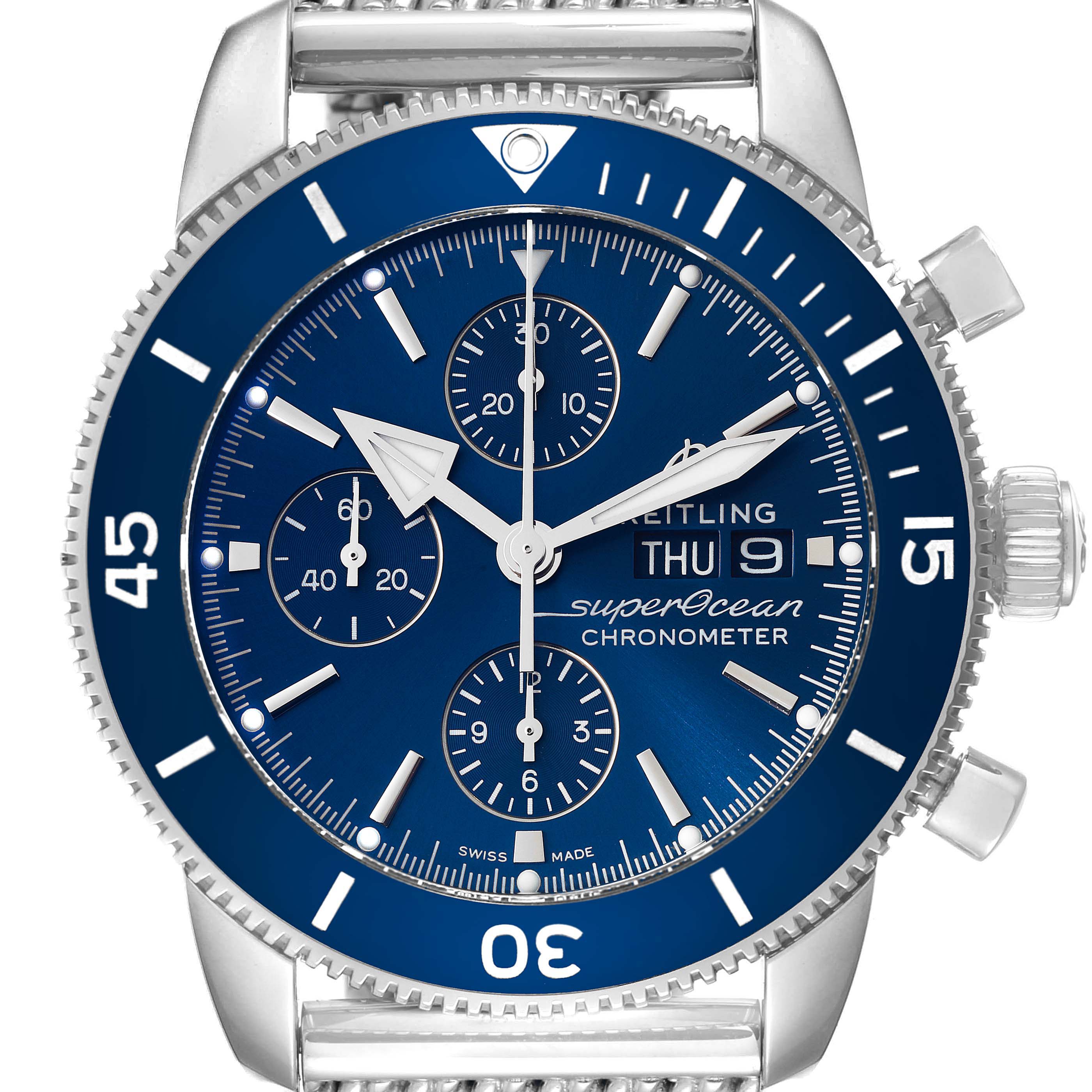This image shows a close-up front view of a Breitling Superocean A13313 Men's Stainless Steel Blue Dial A13313 Men's Stainless Steel Blue Dial watch, highlighting the blue dial and chronograph subdials.