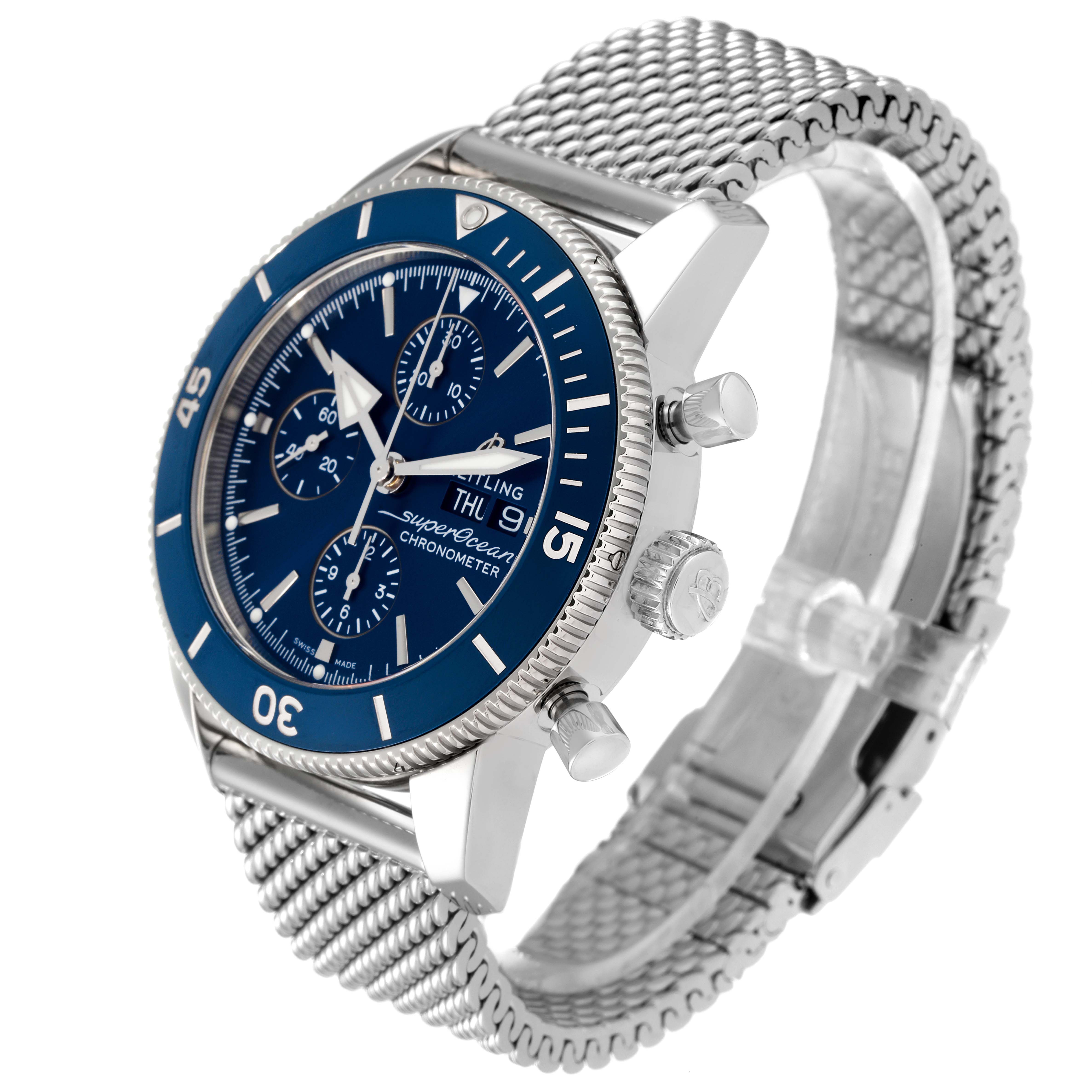 The Breitling Superocean A13313 Men's Stainless Steel Blue Dial A13313 Men's Stainless Steel Blue Dial watch is shown at a slight side angle, displaying the face, bezel, crown, pushers, and mesh bracelet.