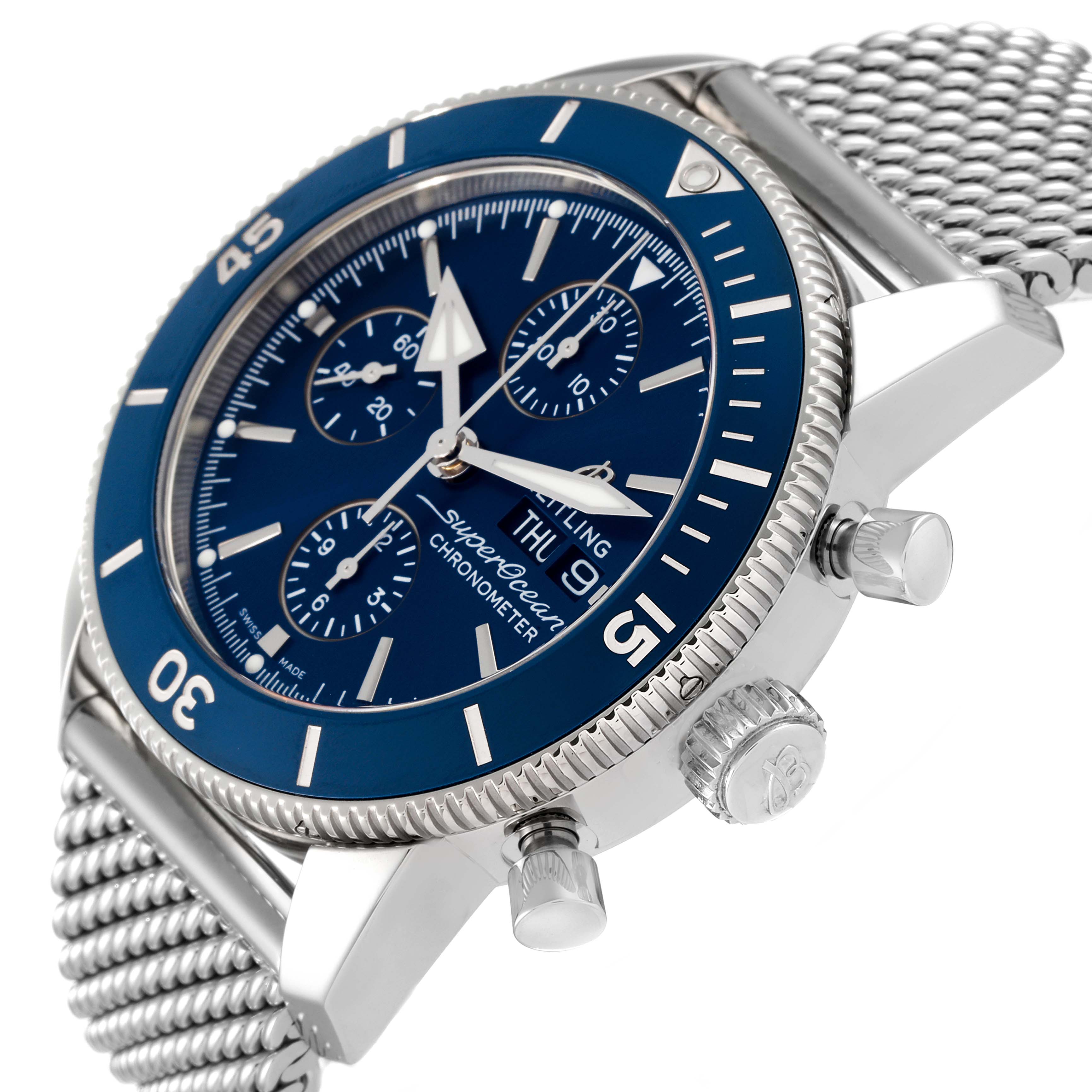 The image shows a side view of a Breitling Superocean A13313 Men's Stainless Steel Blue Dial A13313 Men's Stainless Steel Blue Dial watch, highlighting its bezel, dial, and crown.