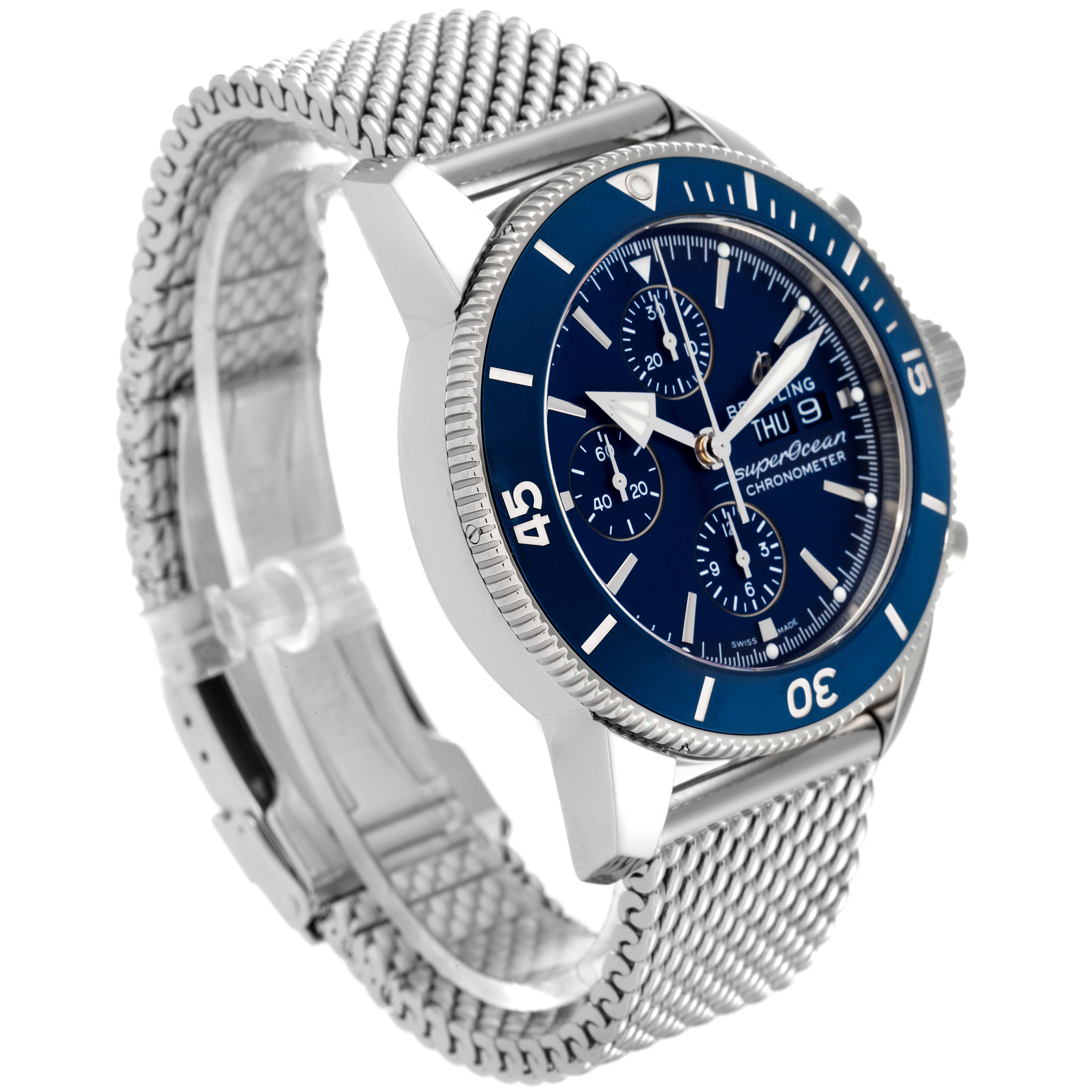 The image shows a side angle of the Breitling Superocean A13313 Men's Stainless Steel Blue Dial A13313 Men's Stainless Steel Blue Dial watch, featuring its blue dial, chronograph, and mesh bracelet.