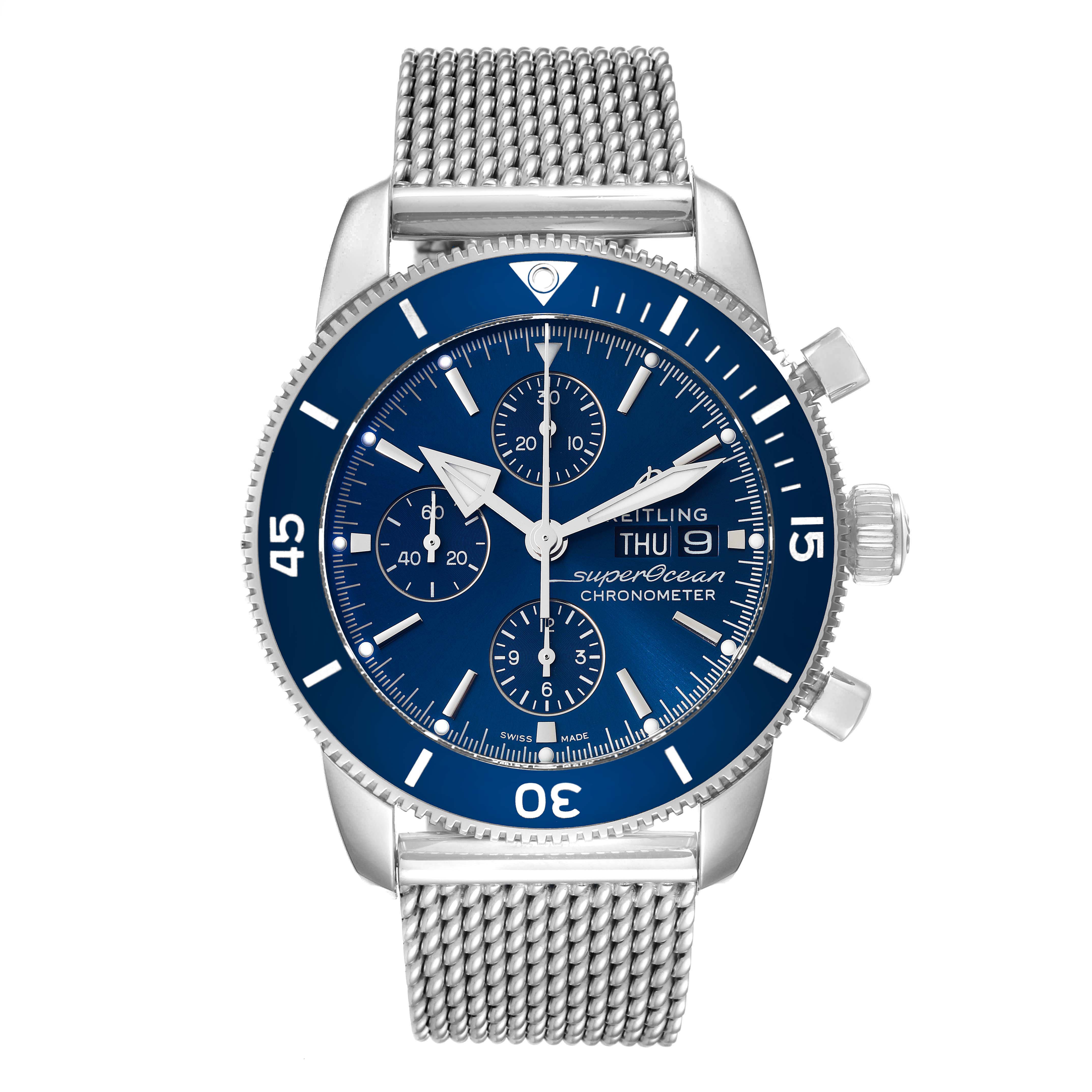 The image shows a front view of a Breitling Superocean A13313 Men's Stainless Steel Blue Dial A13313 Men's Stainless Steel Blue Dial watch with a blue dial and a mesh bracelet.