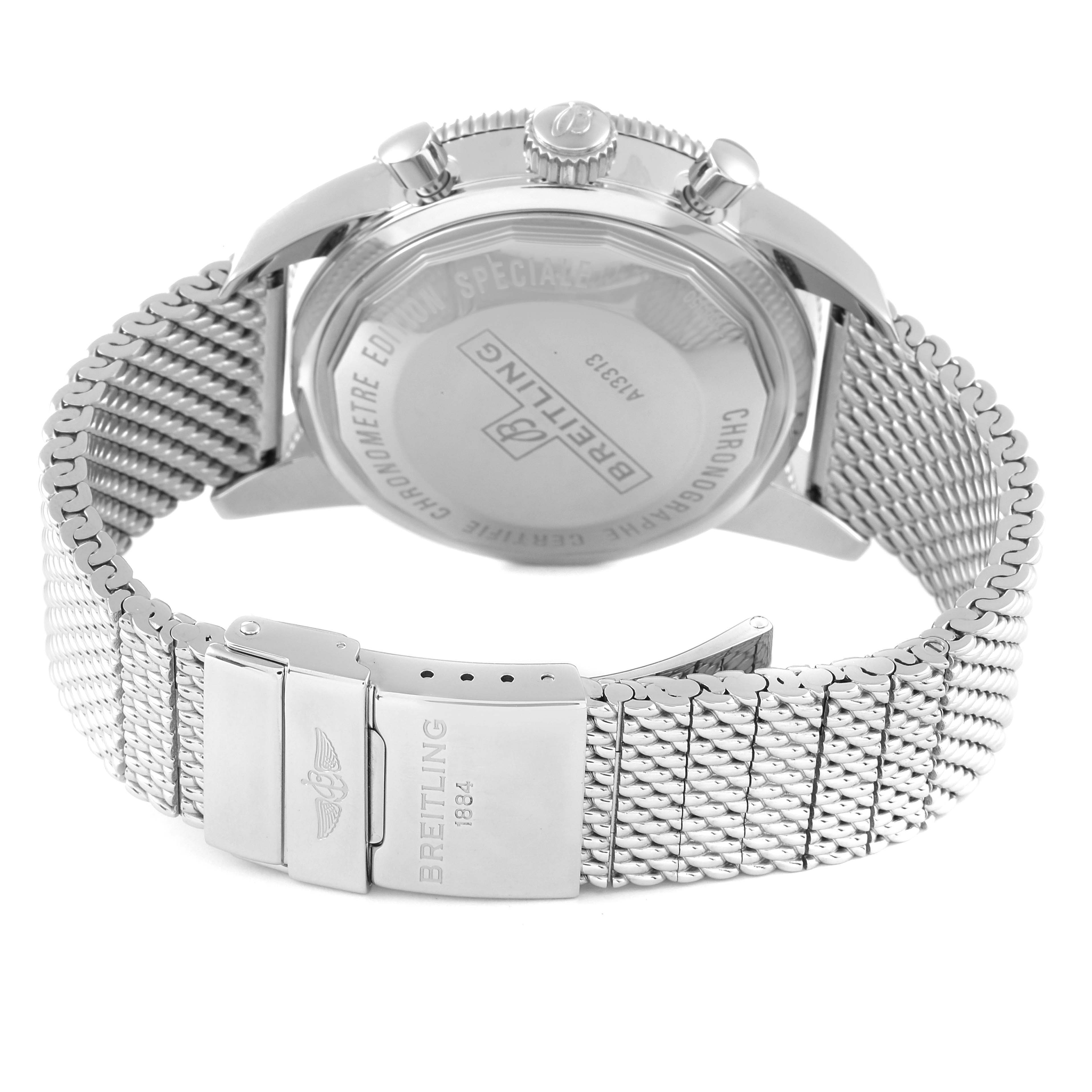 This image shows the back and mesh stainless steel bracelet of a Breitling Superocean A13313 Men's Stainless Steel Blue Dial A13313 Men's Stainless Steel Blue Dial watch, highlighting its clasp and engraved case back.
