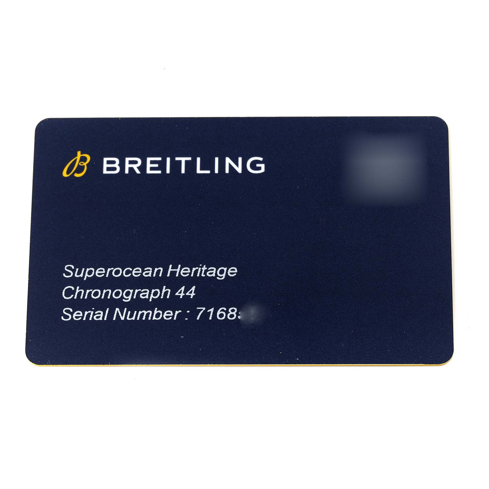 The image shows a credit card-like authentication card for the Breitling Superocean A13313 Men's Stainless Steel Blue Dial A13313 Men's Stainless Steel Blue Dial Heritage Chronograph 44 with model and serial number.