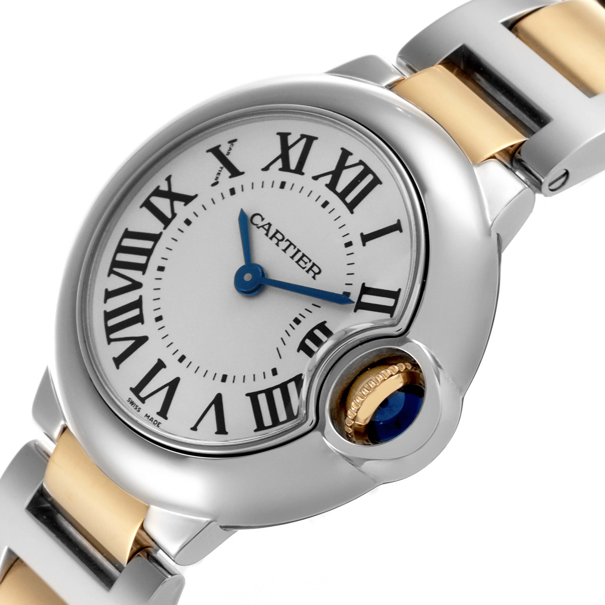 The Cartier Ballon Bleu W69007Z3 Women
s Steel and Gold (two tone) Silver Dial W69007Z3 Women
s Steel and Gold (two tone) Silver Dial watch is shown at an angled view highlighting the dial, crown, and part of the bracelet.