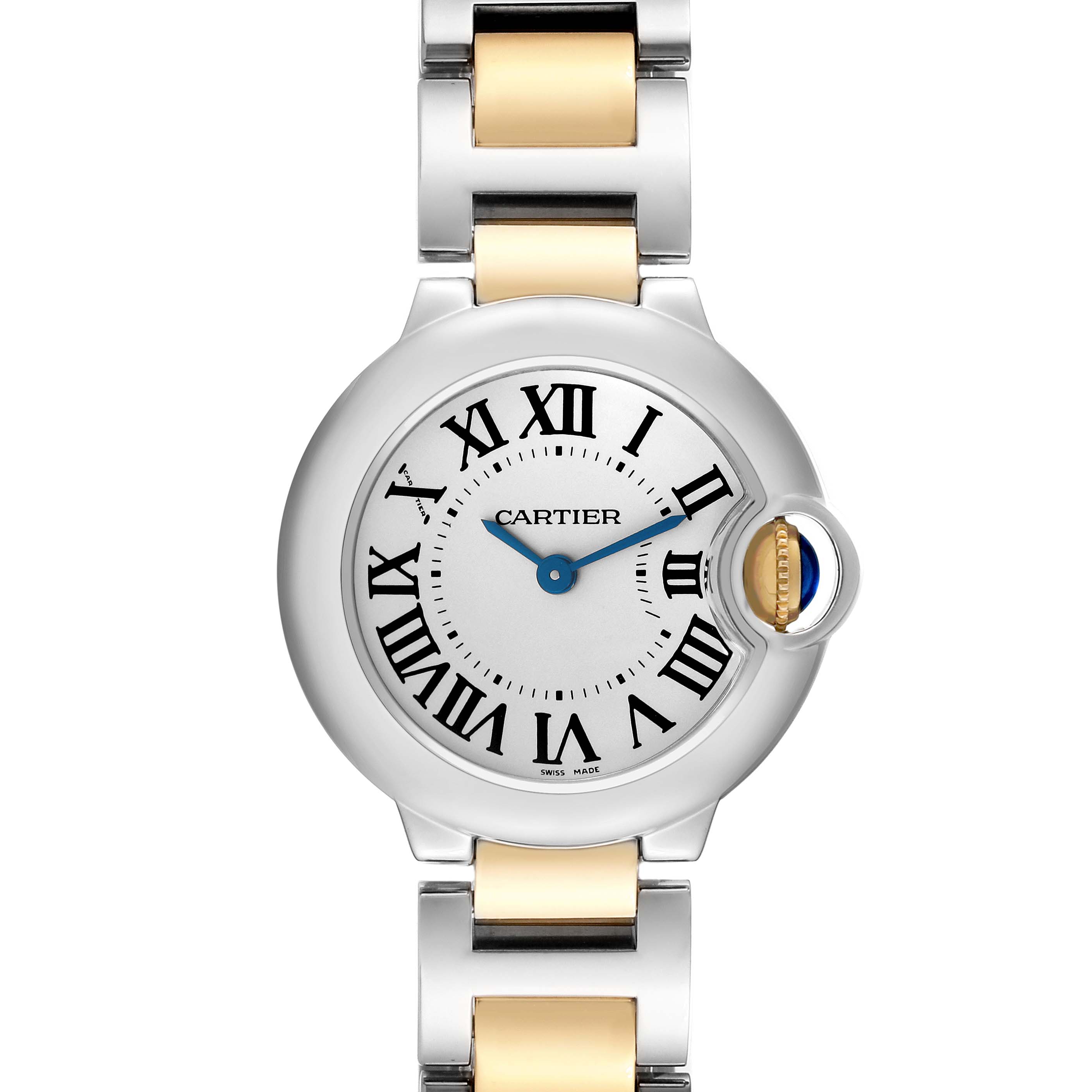 The Cartier Ballon Bleu W69007Z3 Women
s Steel and Gold (two tone) Silver Dial W69007Z3 Women
s Steel and Gold (two tone) Silver Dial watch is shown from the front, highlighting its face, crown, and part of the two-tone bracelet.