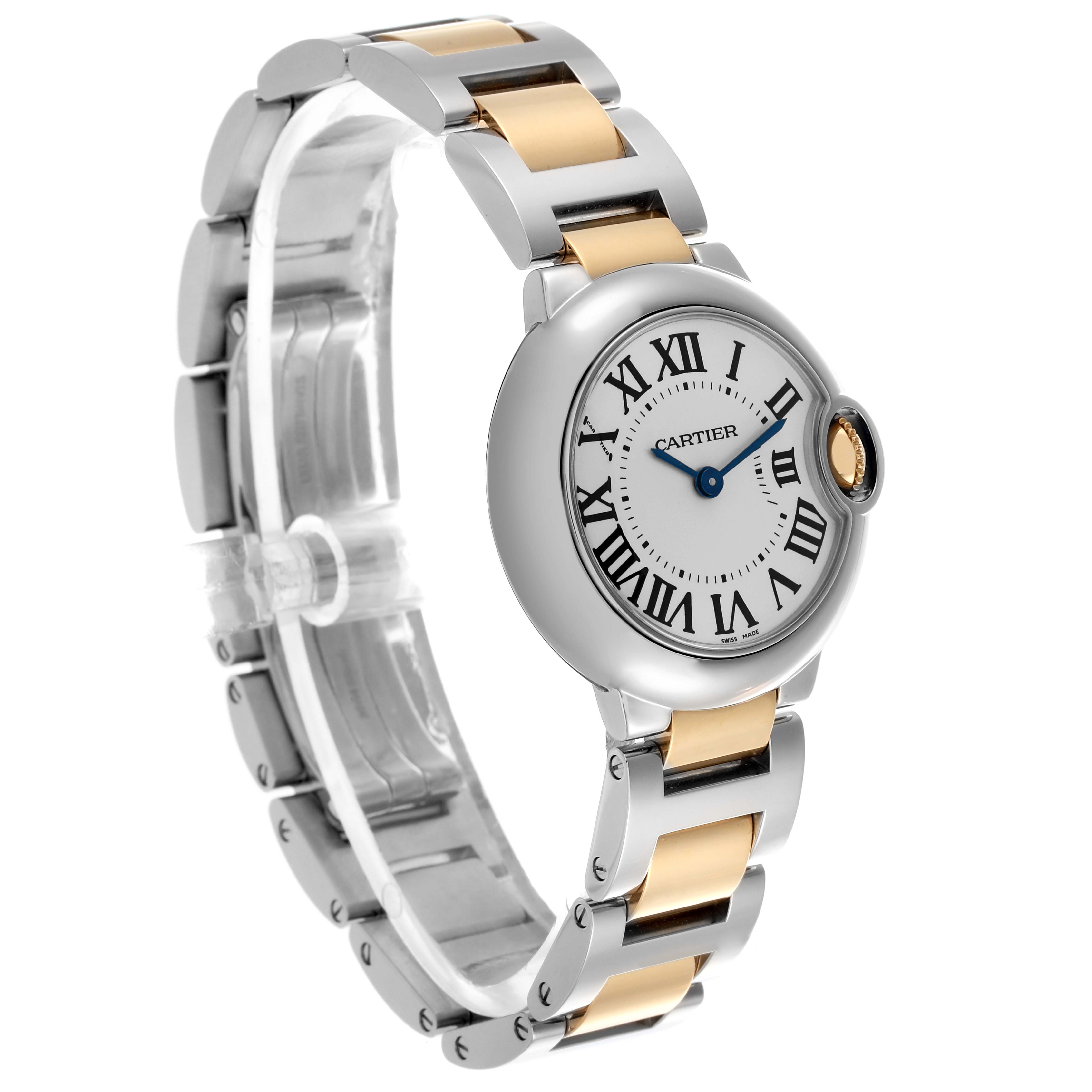 The Cartier Ballon Bleu W69007Z3 Women
s Steel and Gold (two tone) Silver Dial W69007Z3 Women
s Steel and Gold (two tone) Silver Dial watch is shown at a three-quarter angle, highlighting the face, Roman numerals, and bi-metal bracelet.