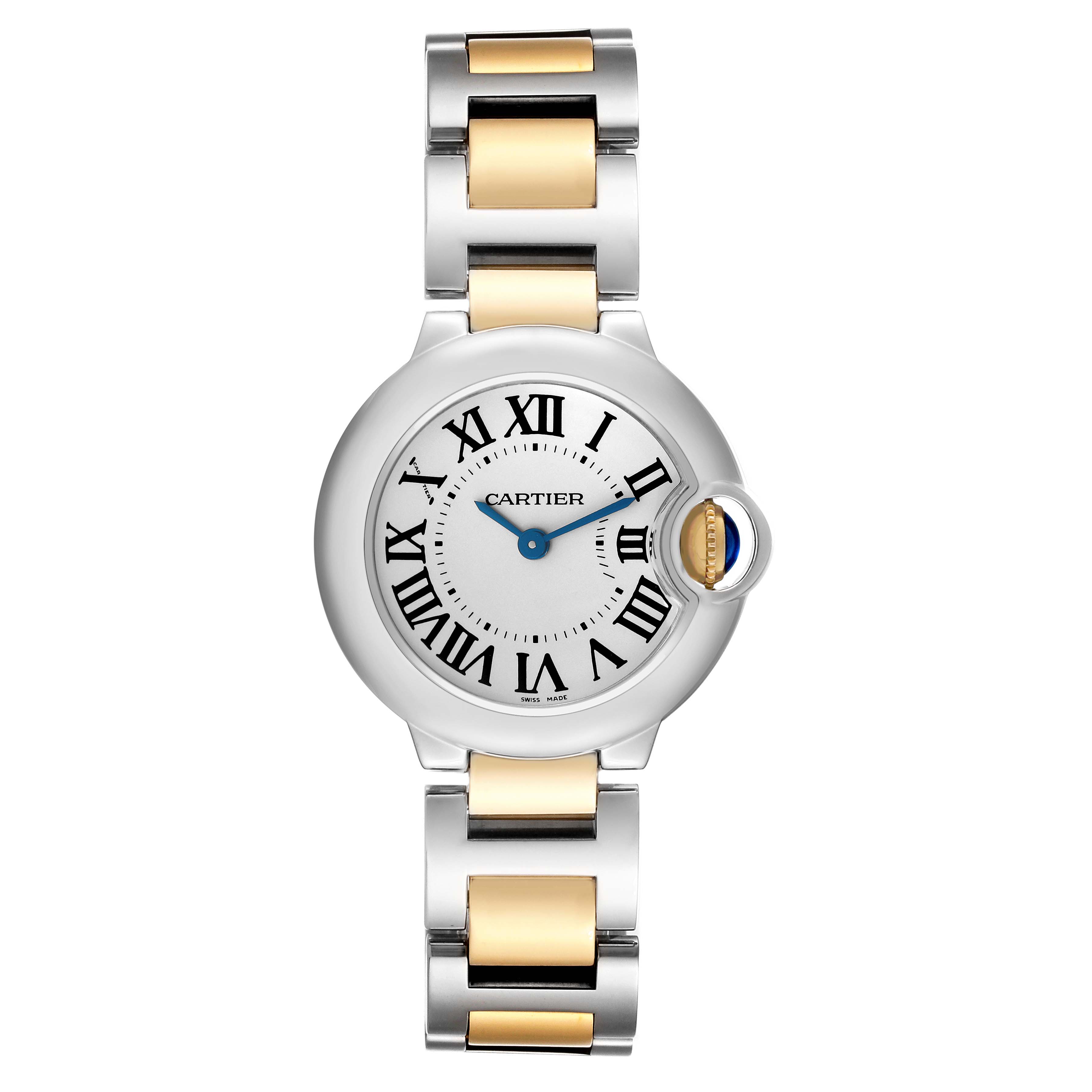 The Cartier Ballon Bleu W69007Z3 Women
s Steel and Gold (two tone) Silver Dial W69007Z3 Women
s Steel and Gold (two tone) Silver Dial watch is shown from a top-down angle, displaying its face and dual-tone bracelet.