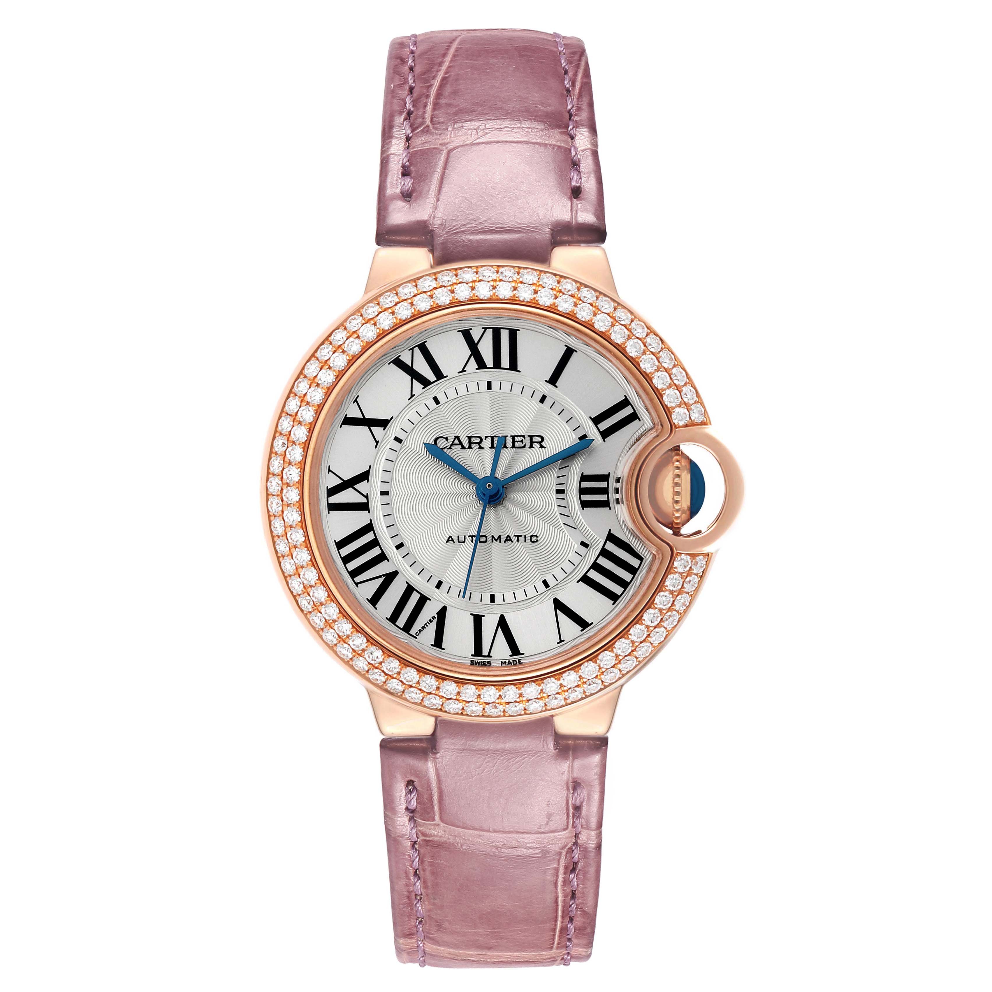 This Cartier Ballon Bleu WE902066 Women's Rose Gold Silver Dial watch is shown from the front, featuring a diamond bezel, Roman numerals, and a pink strap.