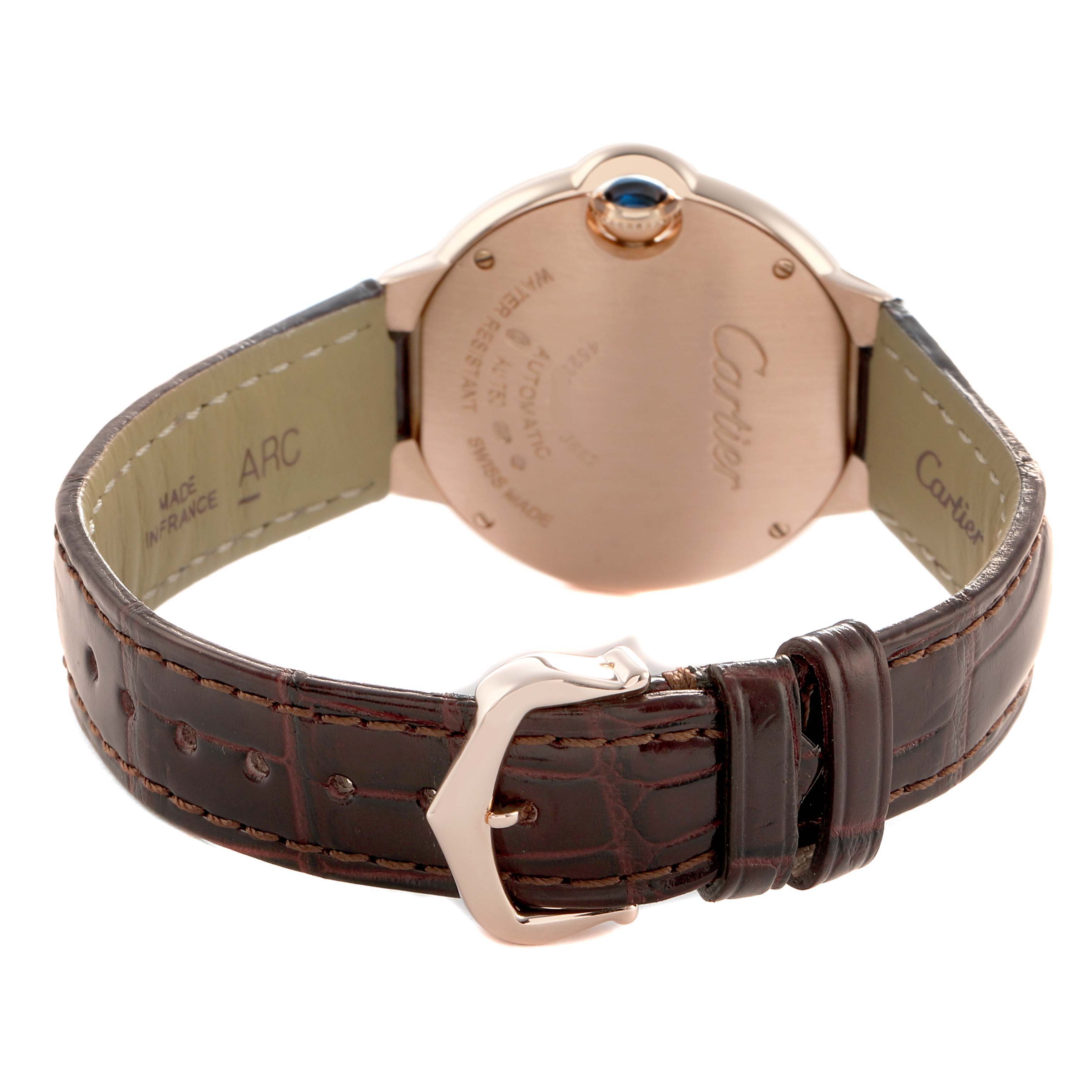 The image shows the back of a Cartier Ballon Bleu W6920097 Women's Rose Gold Silver Dial watch, highlighting the case, strap, buckle, and crown from a rear angle.