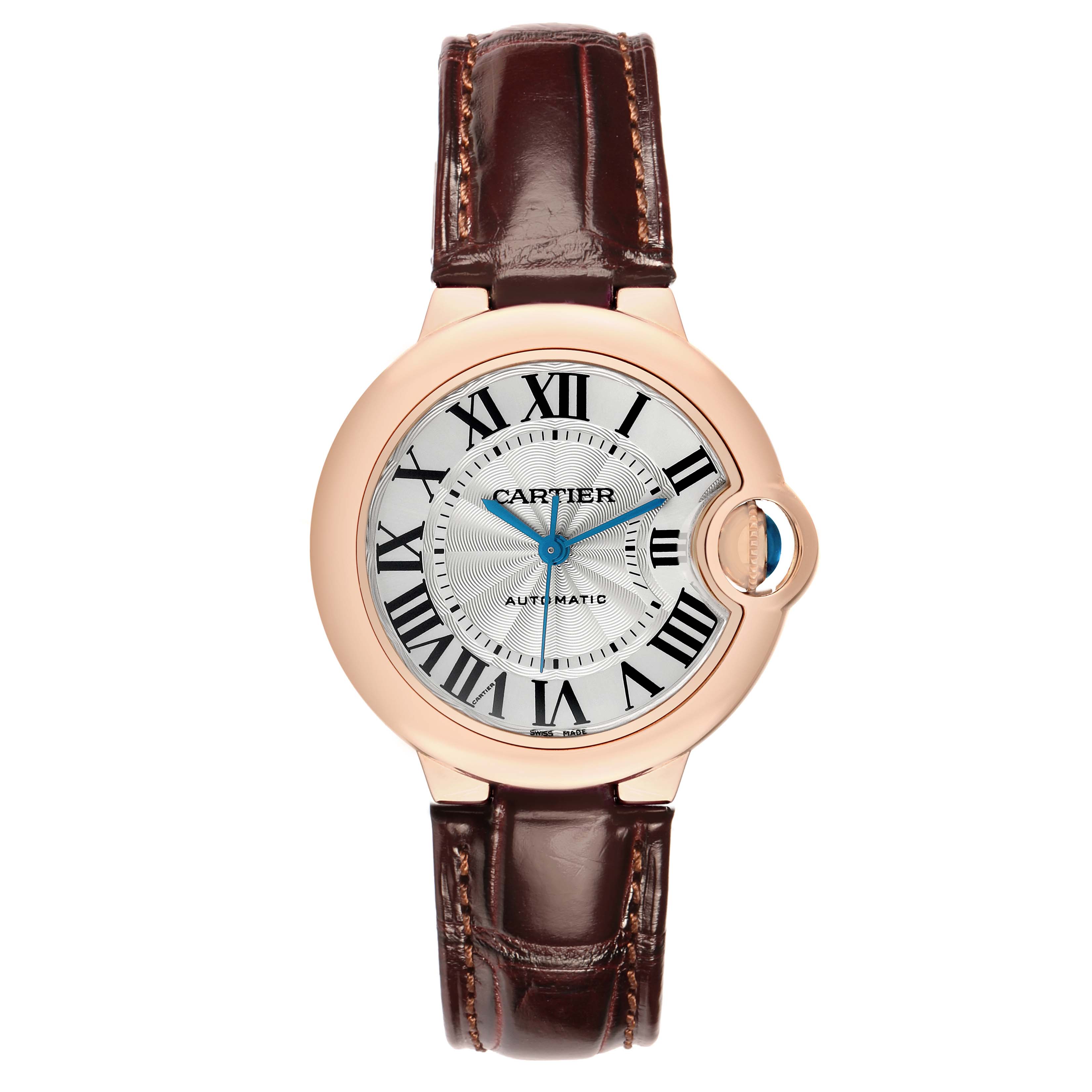 The Cartier Ballon Bleu W6920097 Women's Rose Gold Silver Dial watch is shown from a front angle, highlighting its face, crown, and leather strap.
