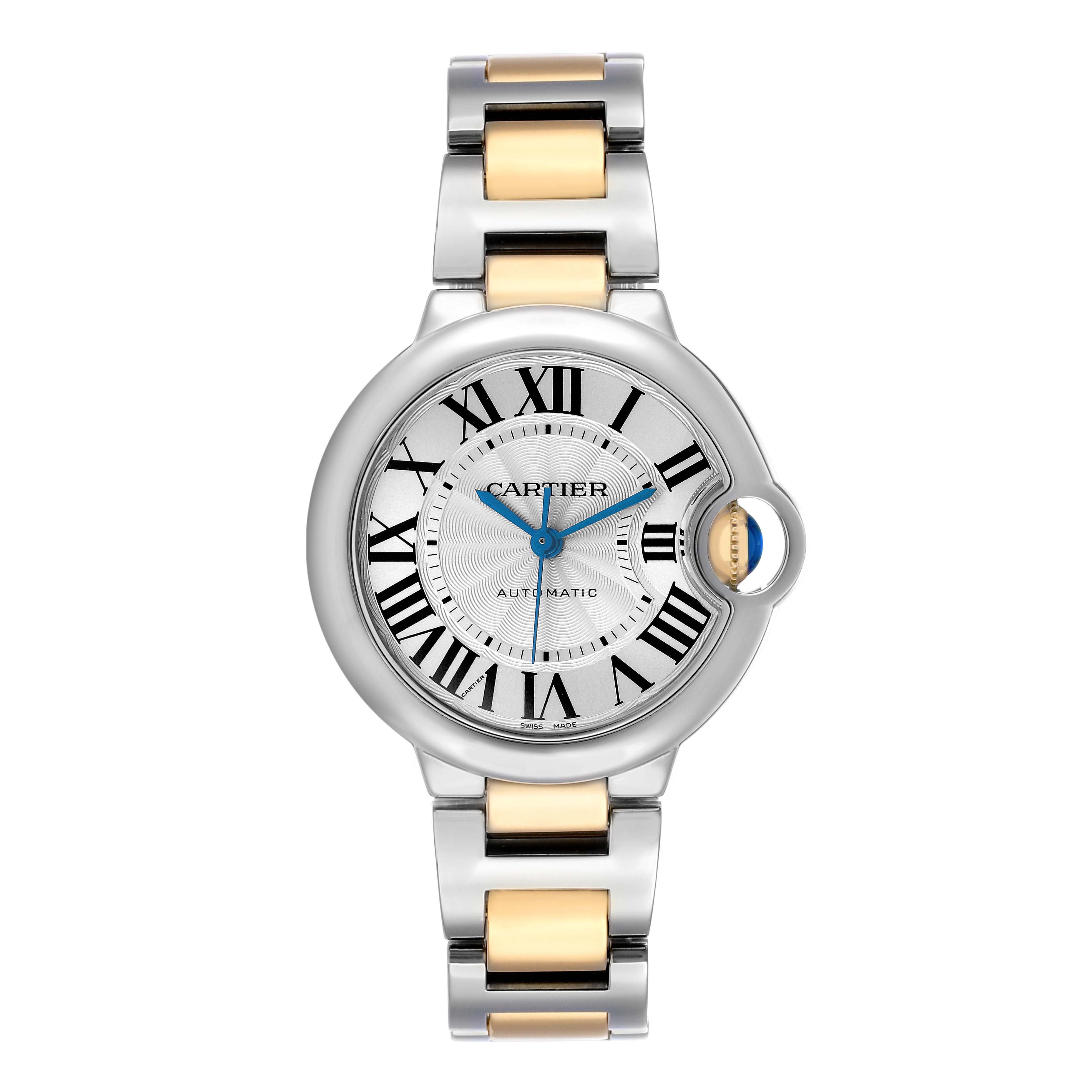 The image shows a frontal view of the Ballon Bleu de Cartier watch, highlighting its face, hands, and bracelet.