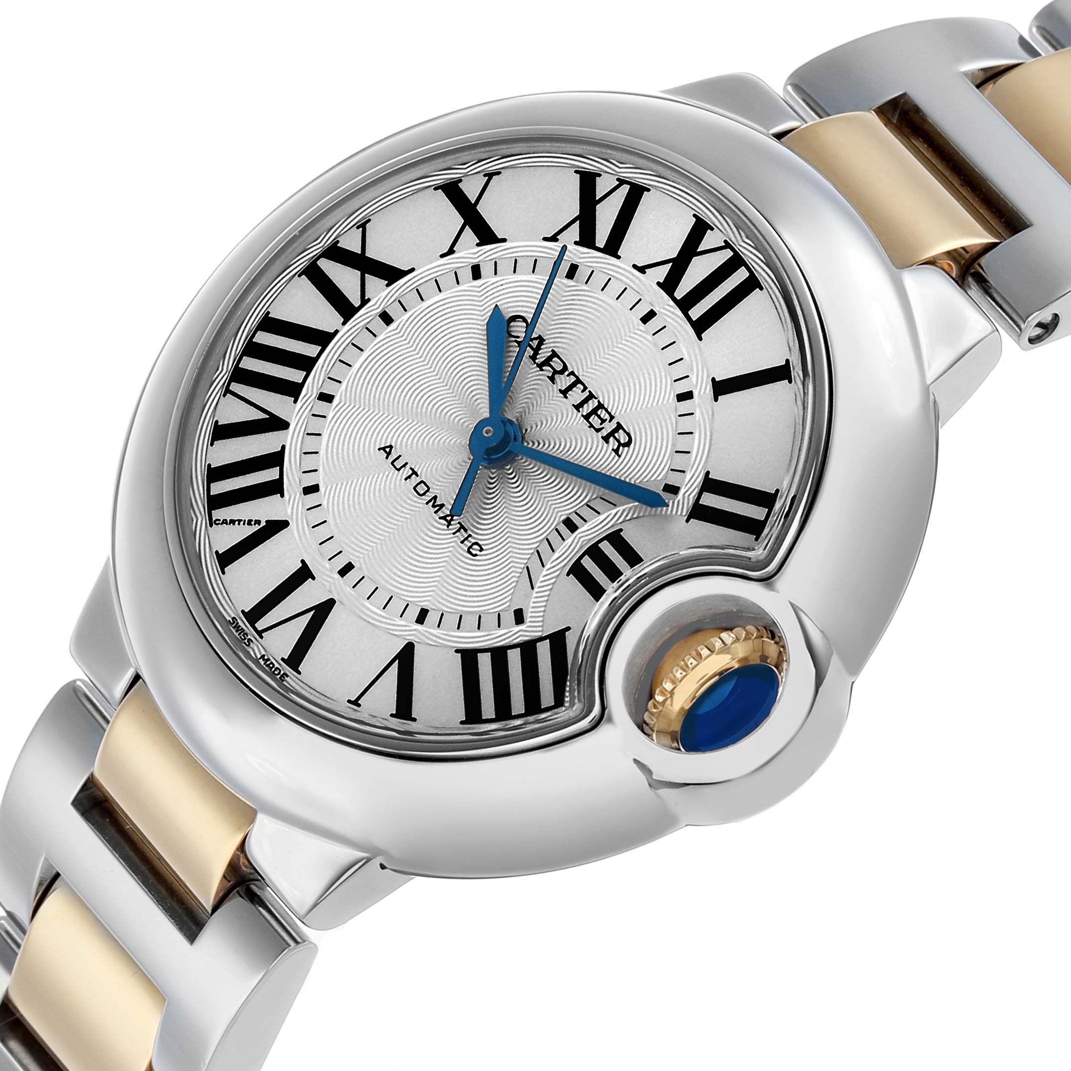 The Cartier Ballon Bleu W2BB0002 Women's Steel and Gold (two tone) Silver Dial watch is shown at an angled close-up, highlighting its dial, crown, and two-tone bracelet.
