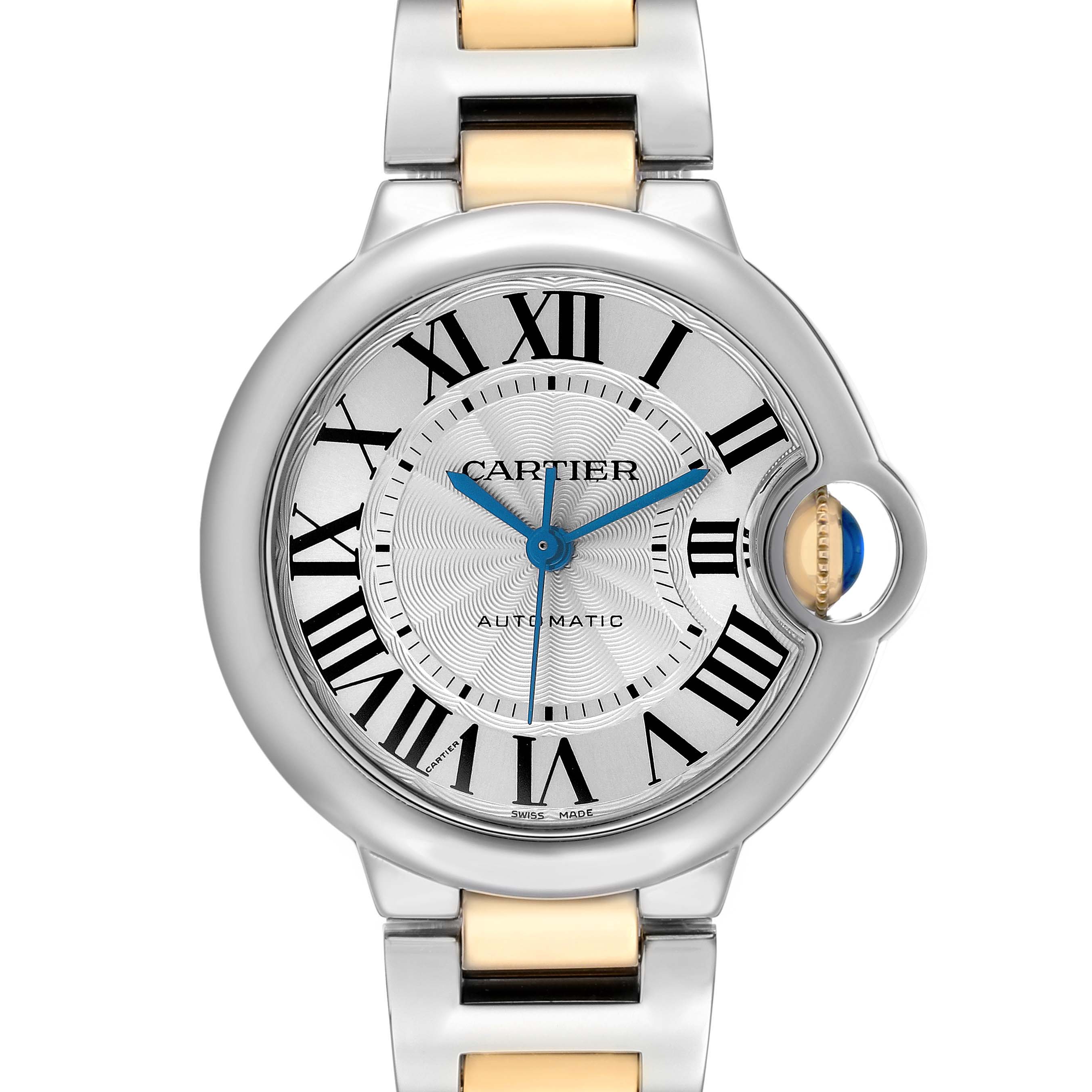 The Cartier Ballon Bleu W2BB0002 Women's Steel and Gold (two tone) Silver Dial watch is shown from the front, highlighting its dial, Roman numerals, and bracelet details.