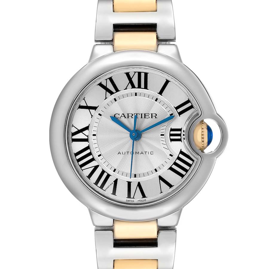 The Cartier Ballon Bleu W2BB0002 Women's Steel and Gold (two tone) Silver Dial watch is shown from the front, highlighting its dial, Roman numerals, and bracelet details.