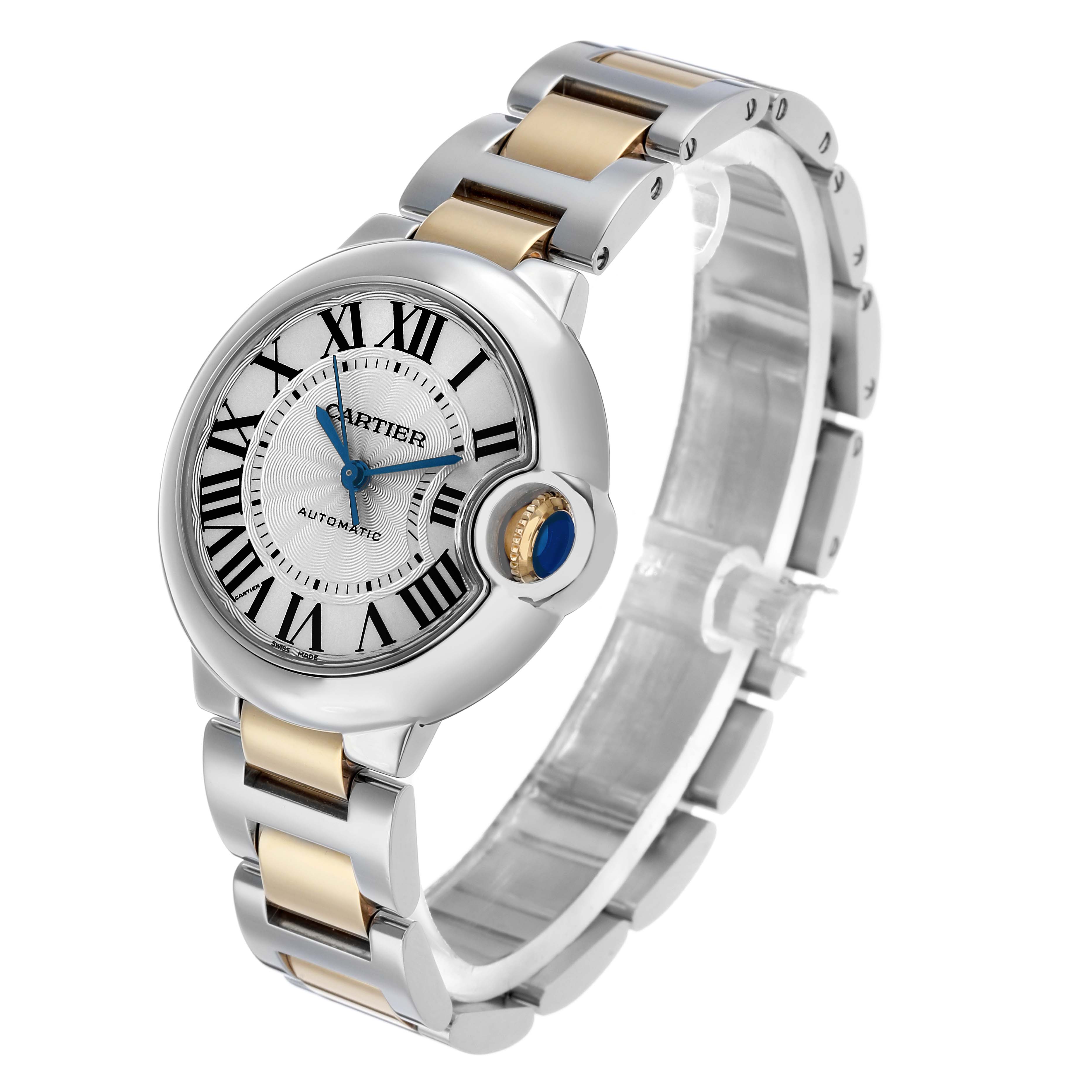The Cartier Ballon Bleu W2BB0002 Women's Steel and Gold (two tone) Silver Dial watch is shown at a three-quarter angle, highlighting the face, Roman numerals, and bracelet.