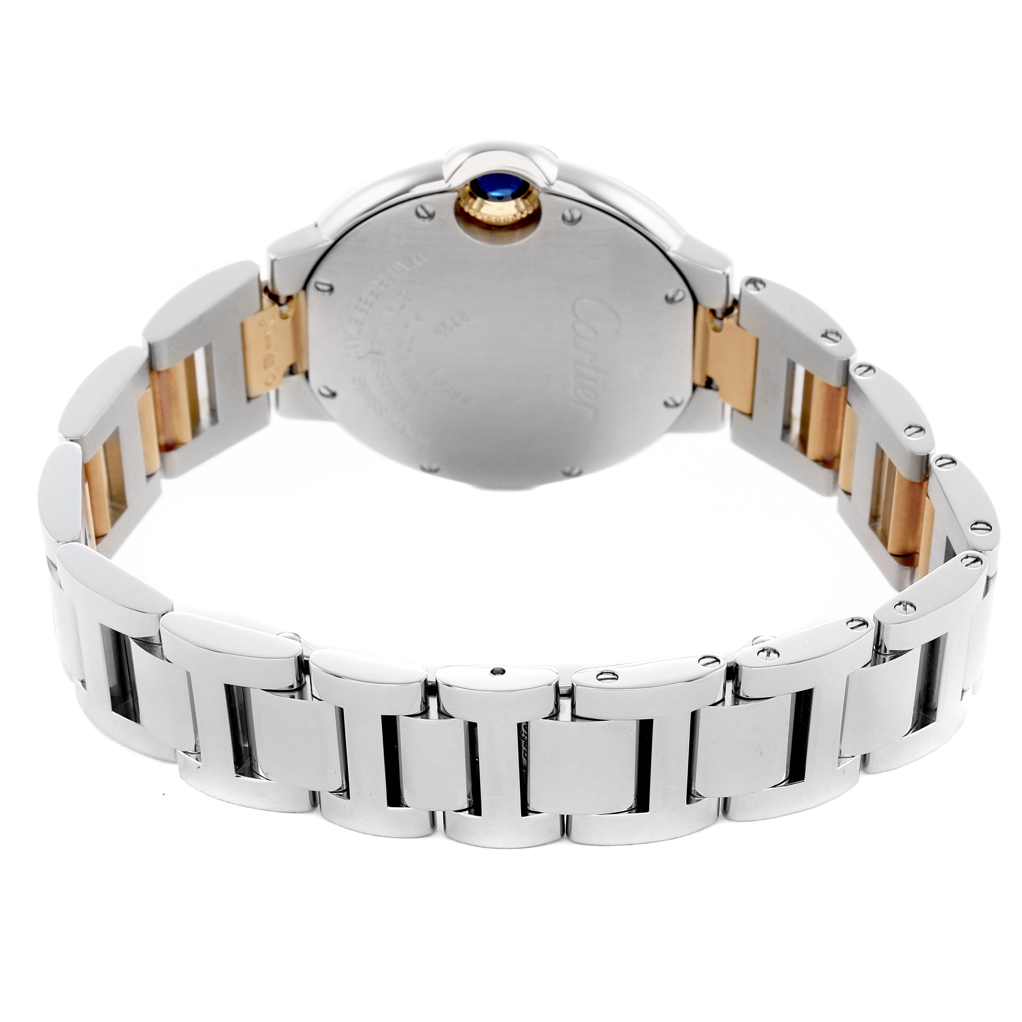 The image shows the back and bracelet of a Cartier Ballon Bleu W2BB0002 Women's Steel and Gold (two tone) Silver Dial watch, highlighting the case back, crown, and stainless steel and gold links.