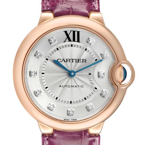 The Ballon Bleu by Cartier is shown from the front, highlighting the dial, crown, and strap connection.