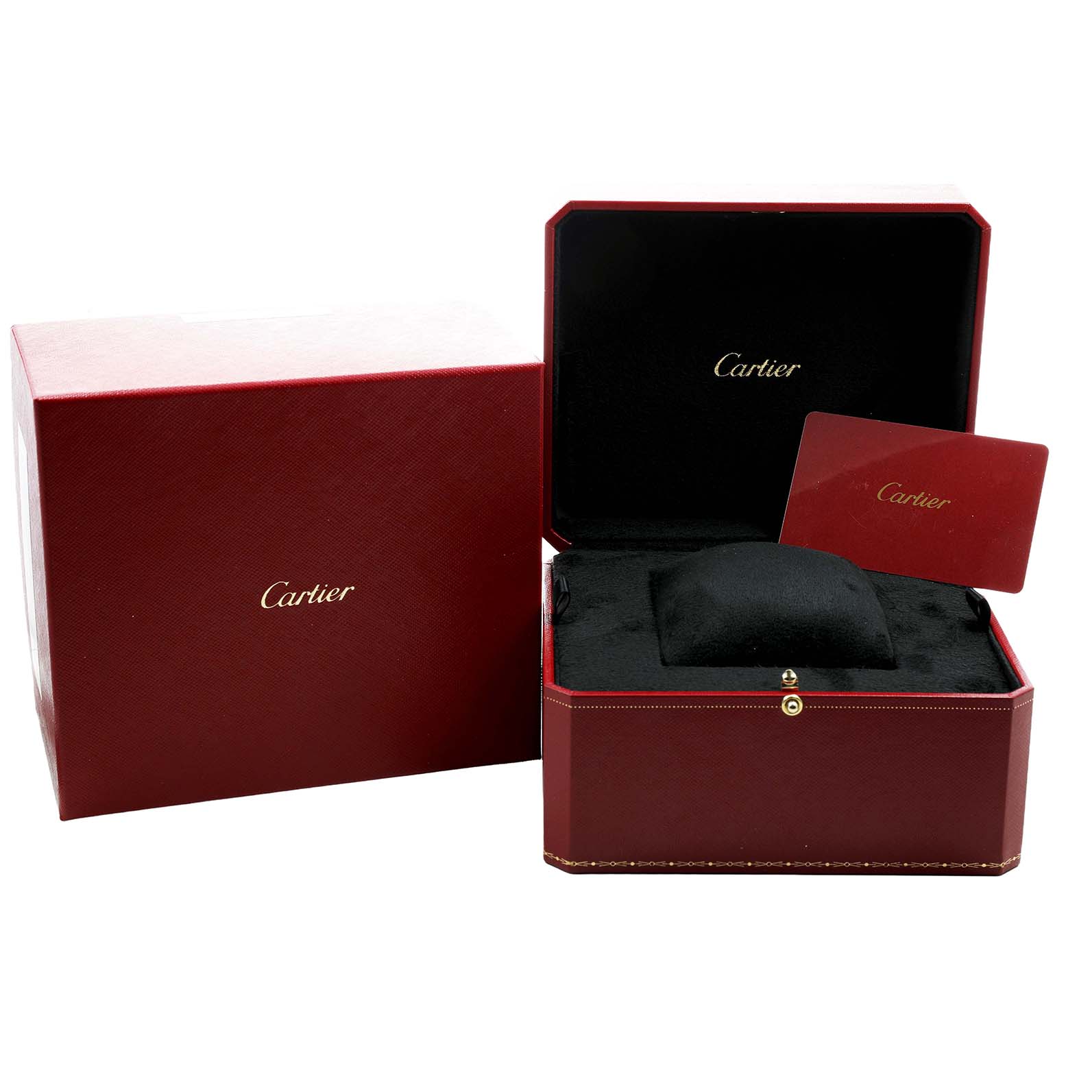 The image shows the open packaging for a Cartier Ballon Bleu WJBB0034 Women's Rose Gold Silver Dial watch, including a red box, inner cushion, and a card.
