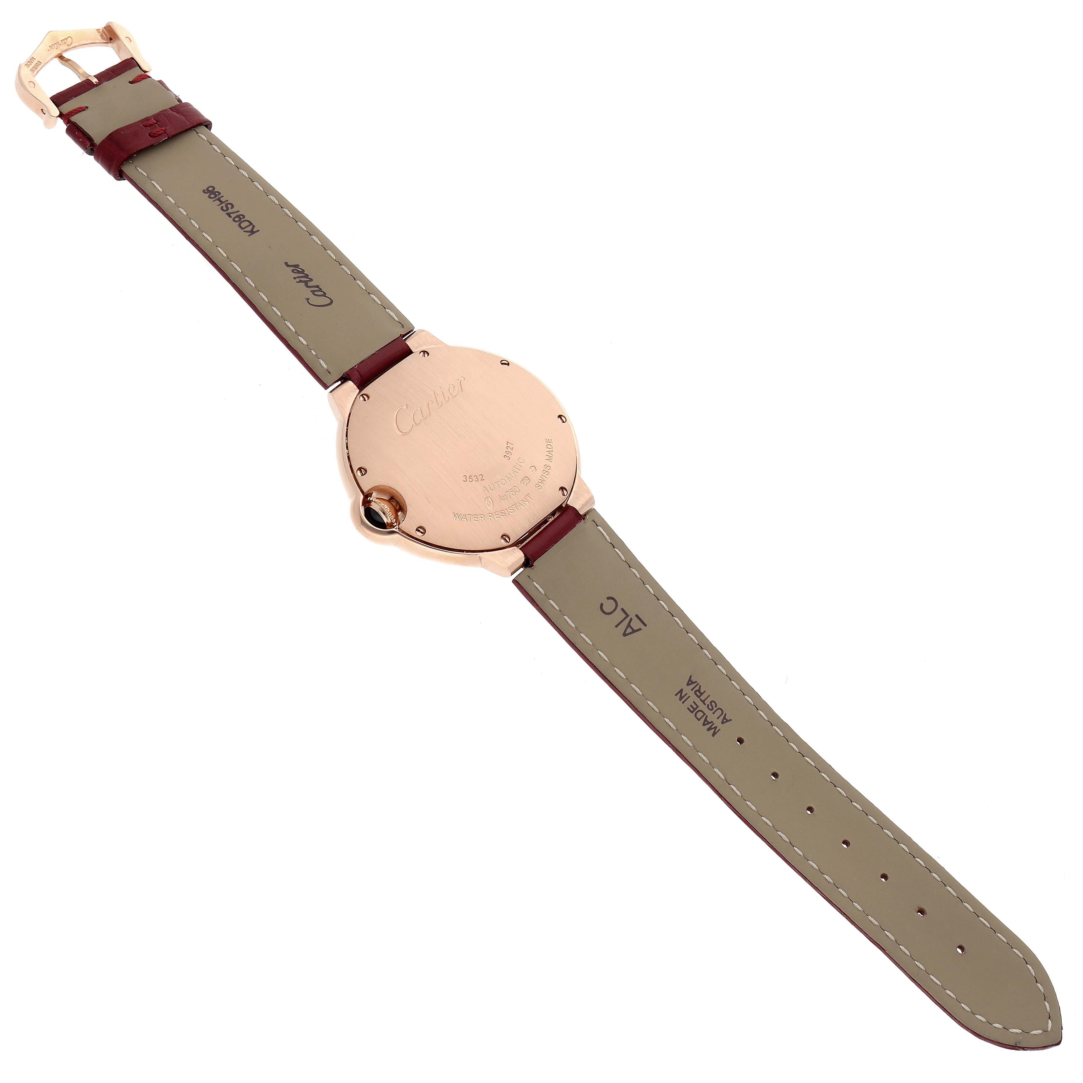 The image shows the back view of the Ballon Bleu de Cartier watch, highlighting the strap and case back.