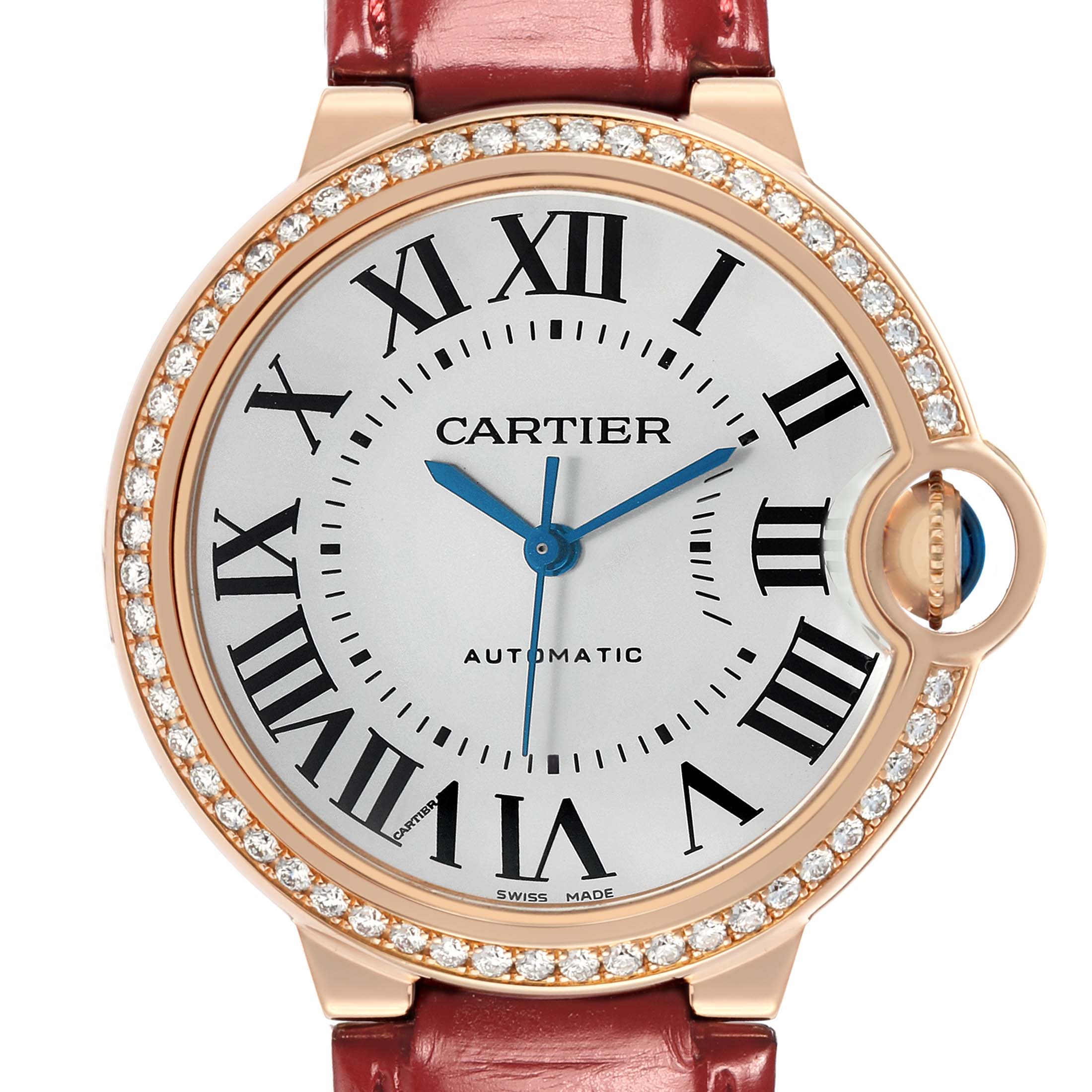 The Cartier Ballon Bleu WJBB0034 Women's Rose Gold Silver Dial watch is shown from the front highlighting the dial, Roman numerals, blued hands, and diamond bezel.