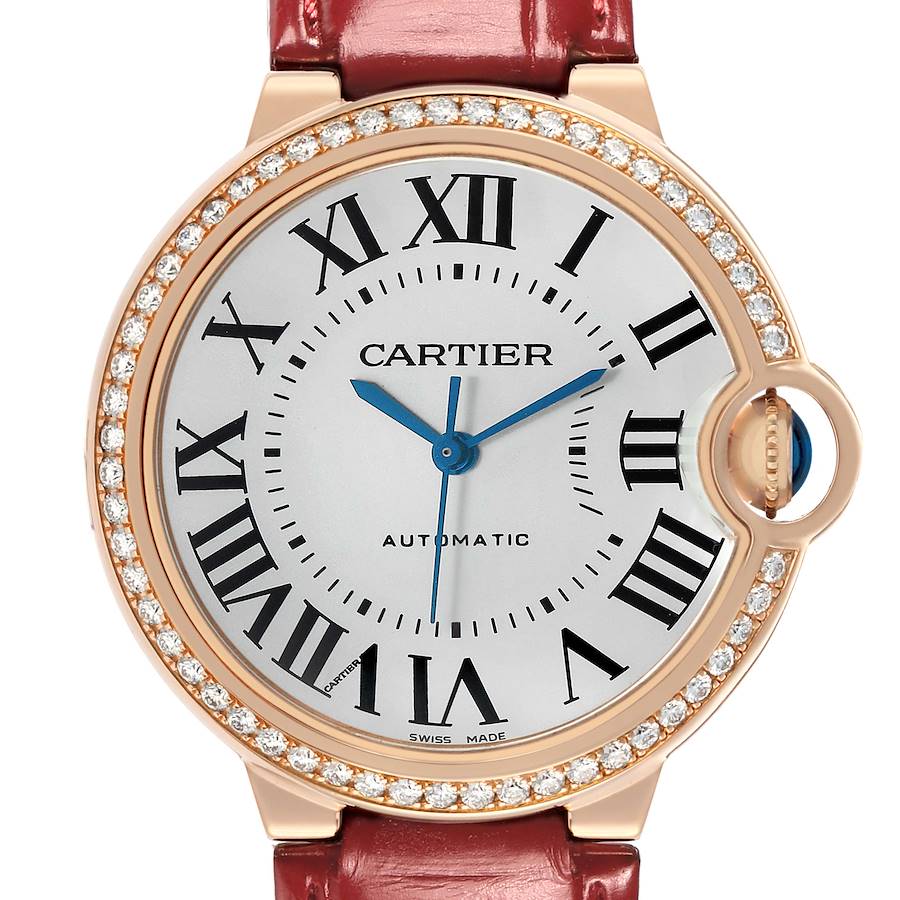 The Cartier Ballon Bleu WJBB0034 Women's Rose Gold Silver Dial watch is shown from the front highlighting the dial, Roman numerals, blued hands, and diamond bezel.