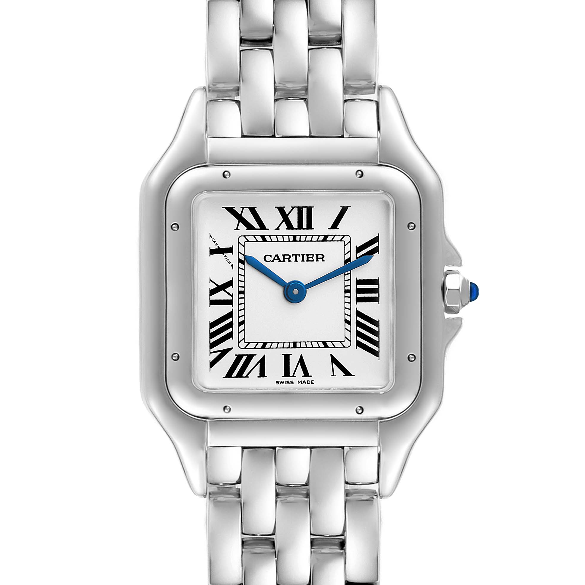 The image shows a close-up of the face and bracelet of a Cartier Panthere WSPN0007 Women's Stainless Steel Silver Dial WSPN0007 Women's Stainless Steel Silver Dial watch.