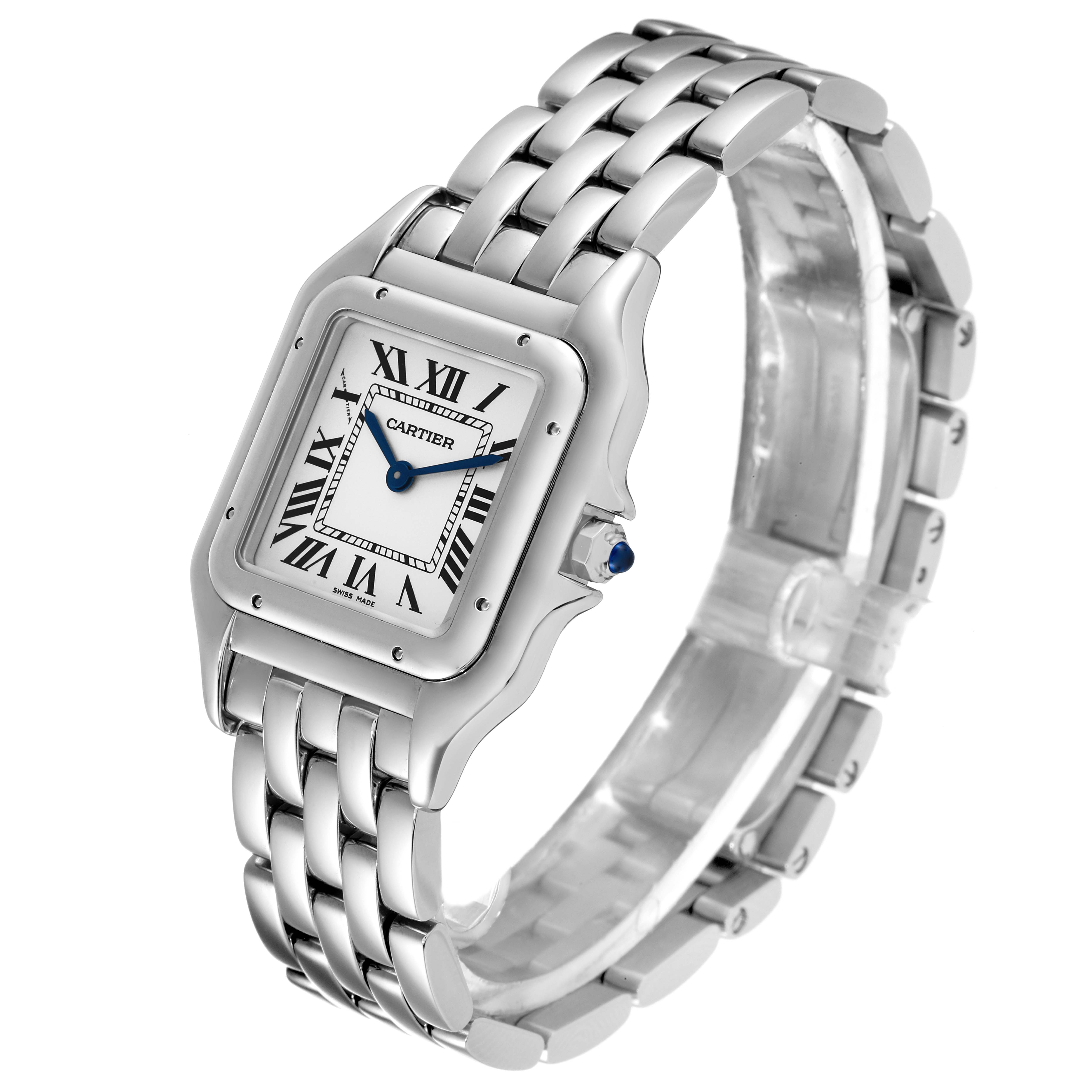 The image shows a Cartier Panthere WSPN0007 Women's Stainless Steel Silver Dial WSPN0007 Women's Stainless Steel Silver Dial watch from an angled view, highlighting its square face, silver bracelet, and blue cabochon crown.