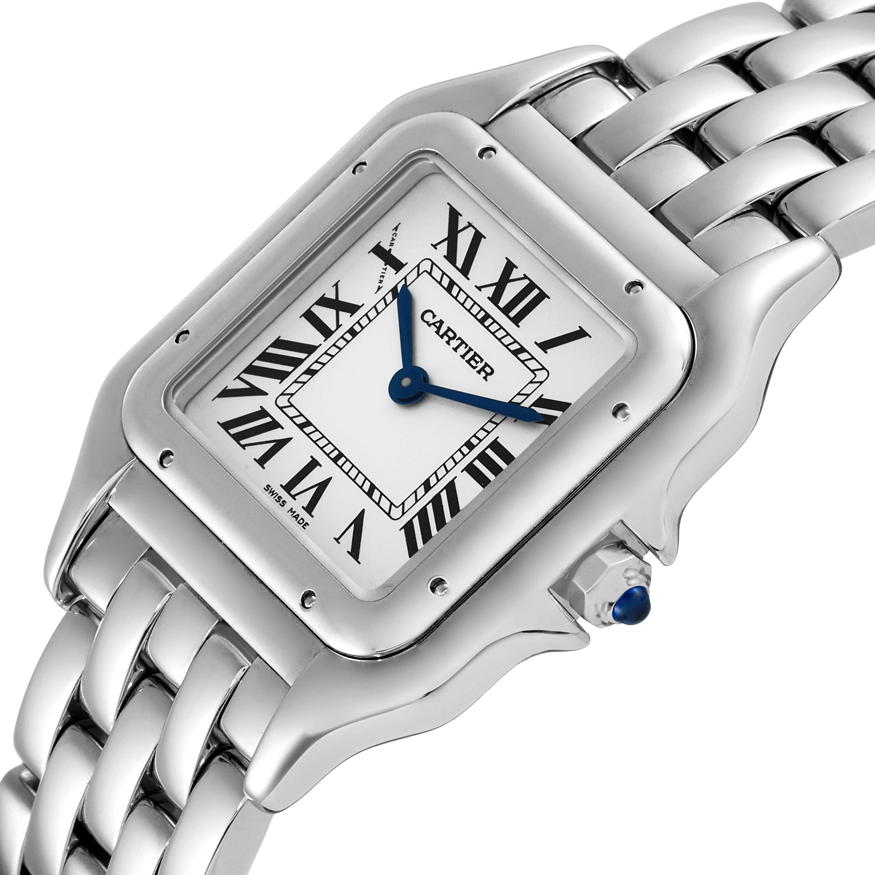 The image shows a close-up of the Cartier Panthere WSPN0007 Women's Stainless Steel Silver Dial WSPN0007 Women's Stainless Steel Silver Dial watch face and part of its metal bracelet at an angled view.