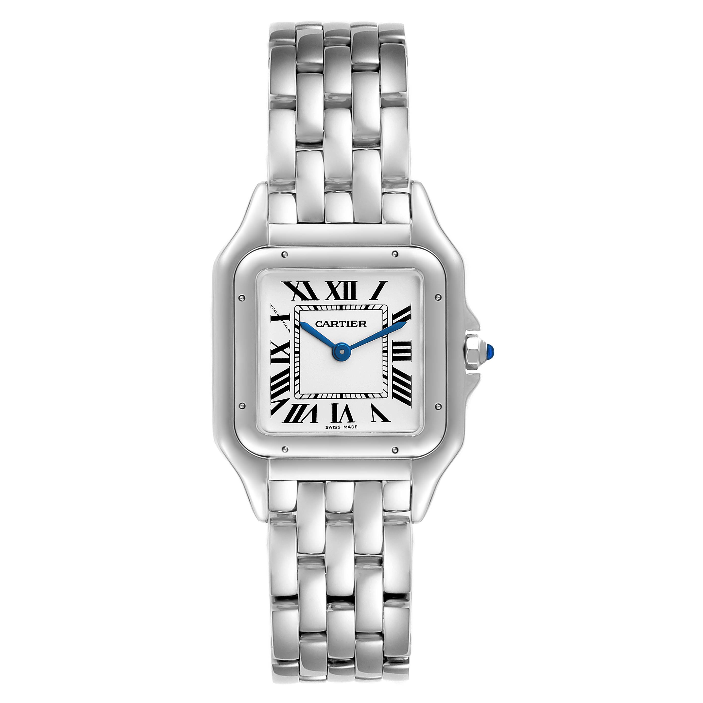This Cartier Panthere WSPN0007 Women's Stainless Steel Silver Dial WSPN0007 Women's Stainless Steel Silver Dial watch is shown from a front angle, displaying its face, bracelet, and crown.