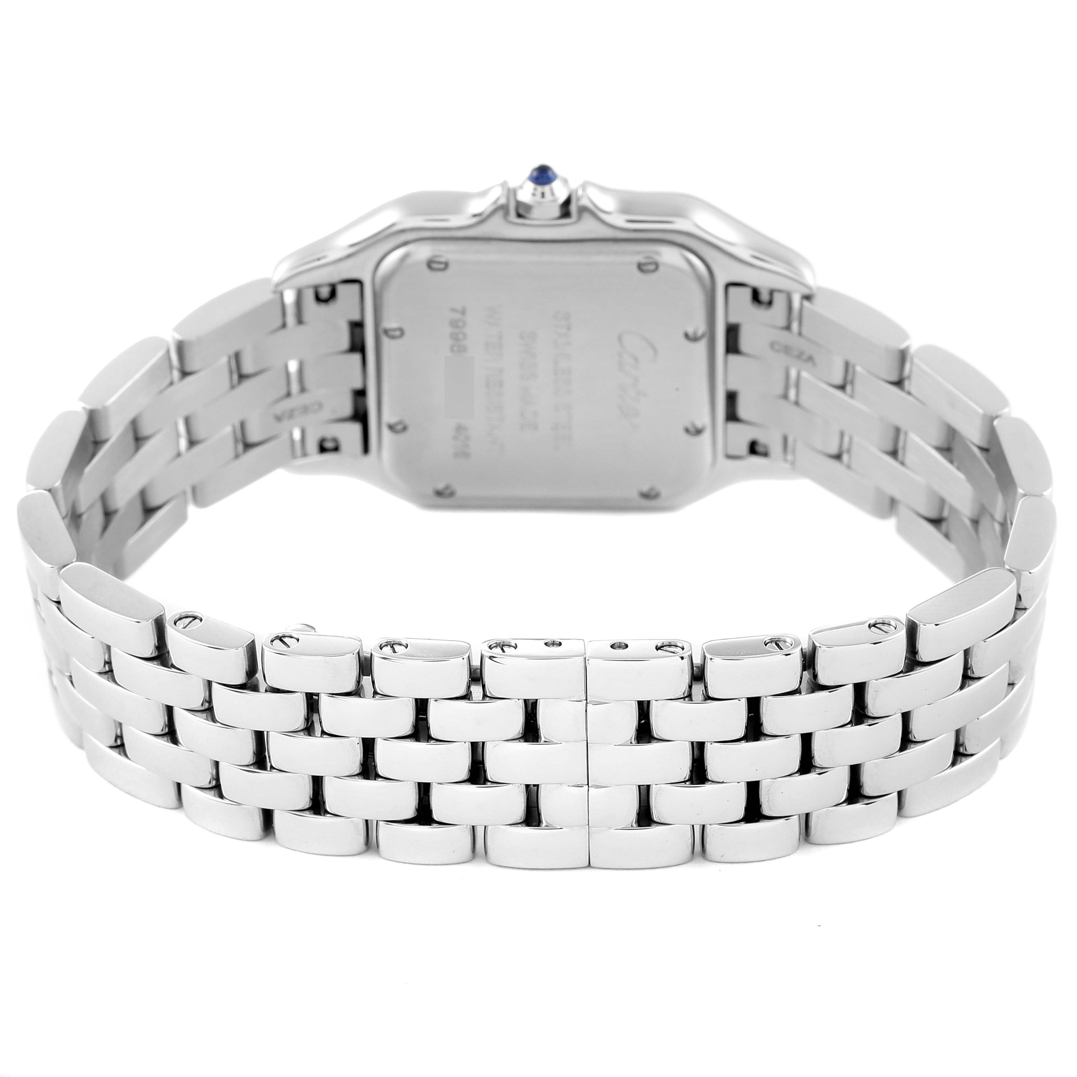 The image shows the back view of a Cartier Panthere WSPN0007 Women's Stainless Steel Silver Dial WSPN0007 Women's Stainless Steel Silver Dial watch, focusing on the case back and metal bracelet.