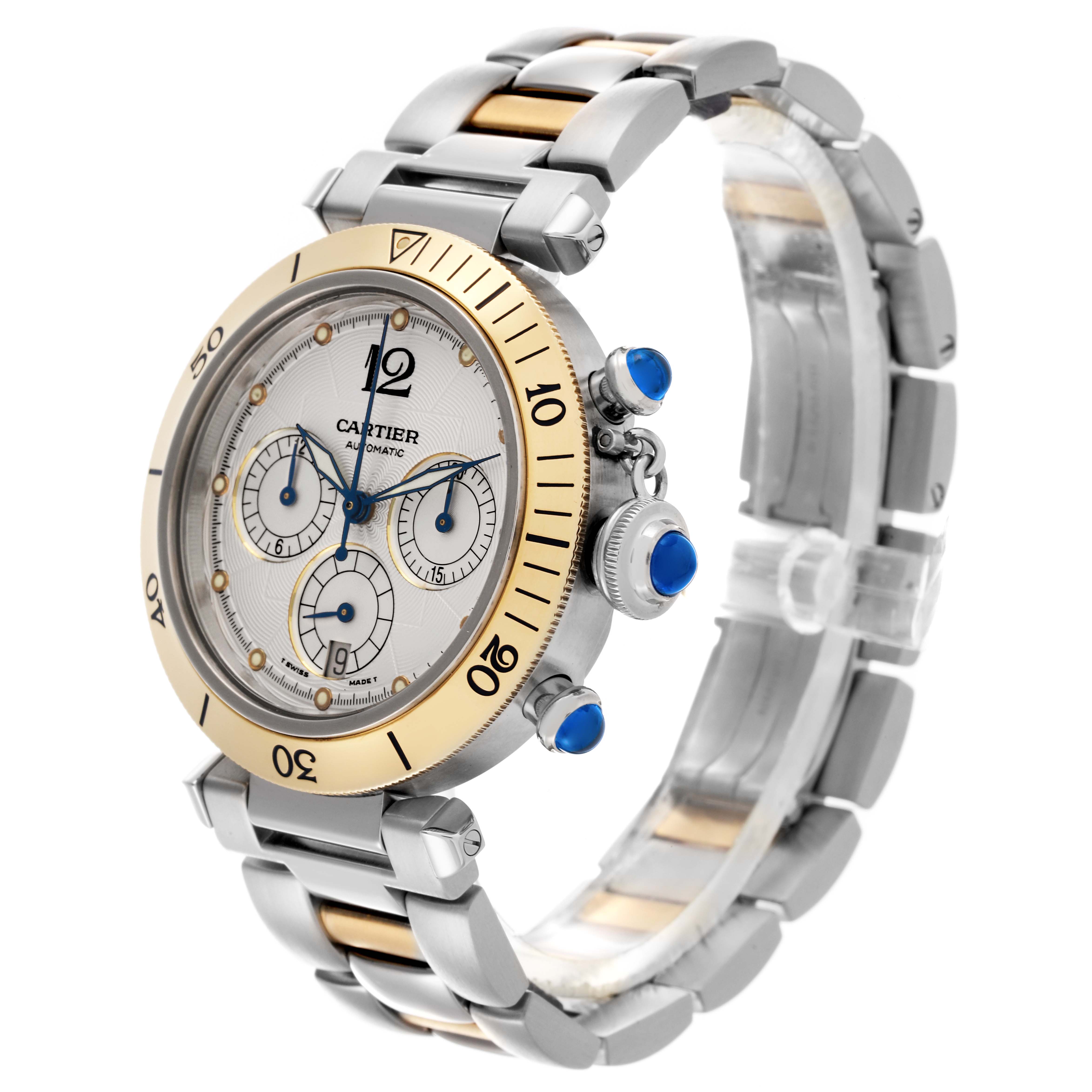 The Cartier Pasha W31036T6 Men's Steel and Gold (two tone) Silver Dial W31036T6 Men's Steel and Gold (two tone) Silver Dial watch is shown at a three-quarter angle, highlighting the face, bezel, crown, and bracelet.
