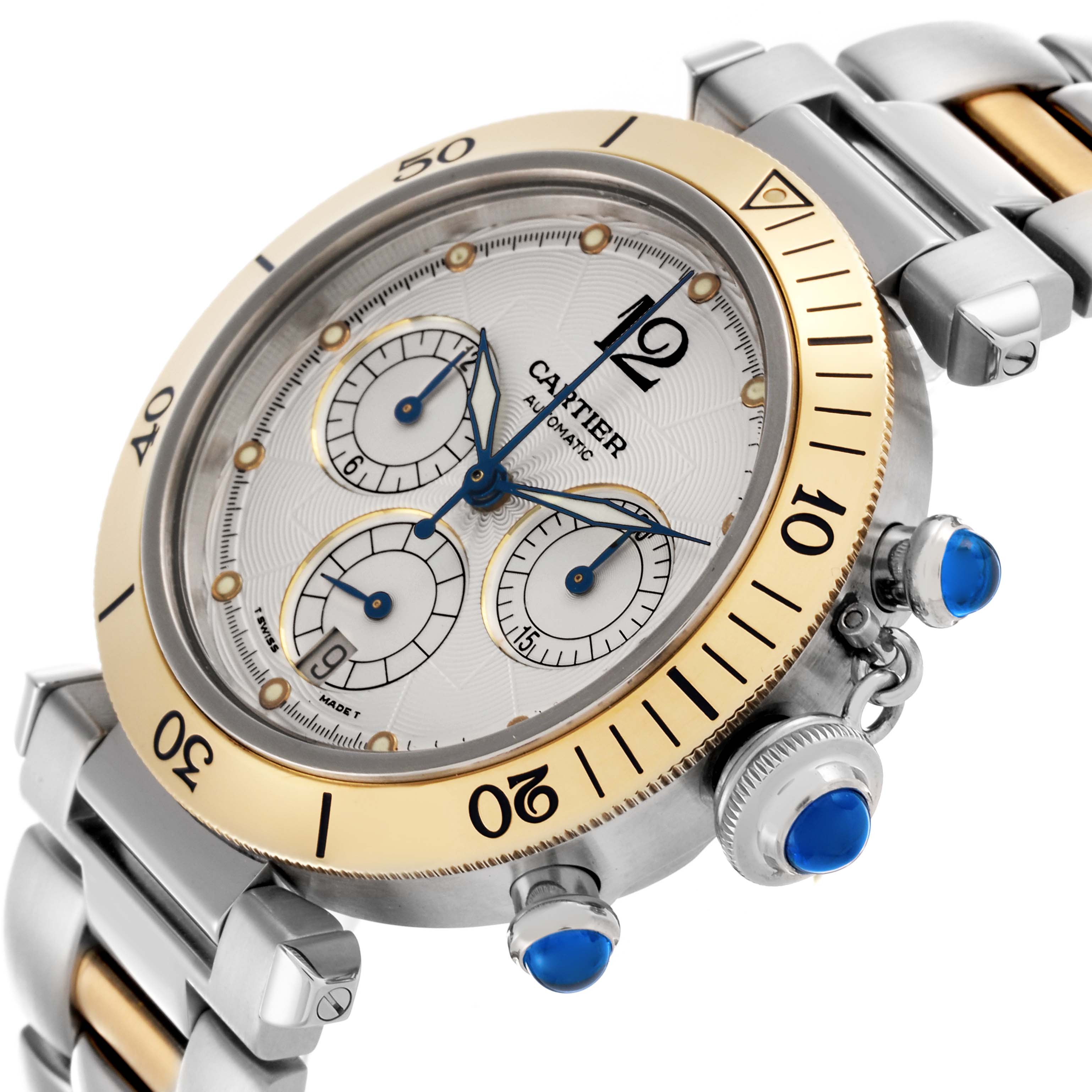 The Cartier Pasha W31036T6 Men's Steel and Gold (two tone) Silver Dial W31036T6 Men's Steel and Gold (two tone) Silver Dial watch is shown from a front angle, highlighting the dial, bezel, crown, and part of the bracelet.