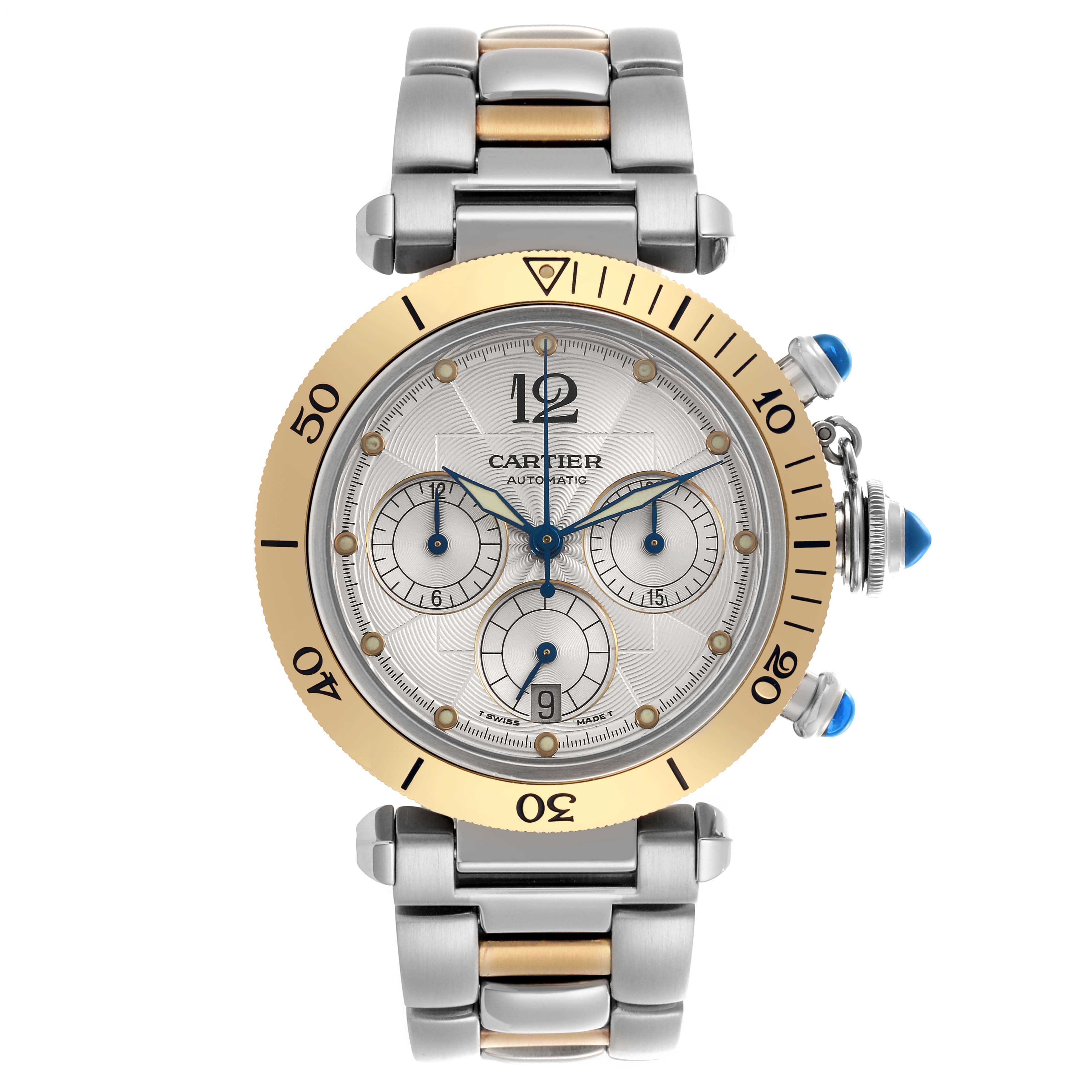 The Cartier Pasha W31036T6 Men's Steel and Gold (two tone) Silver Dial W31036T6 Men's Steel and Gold (two tone) Silver Dial watch is shown from a top view, highlighting its face, bezel, and bracelet.