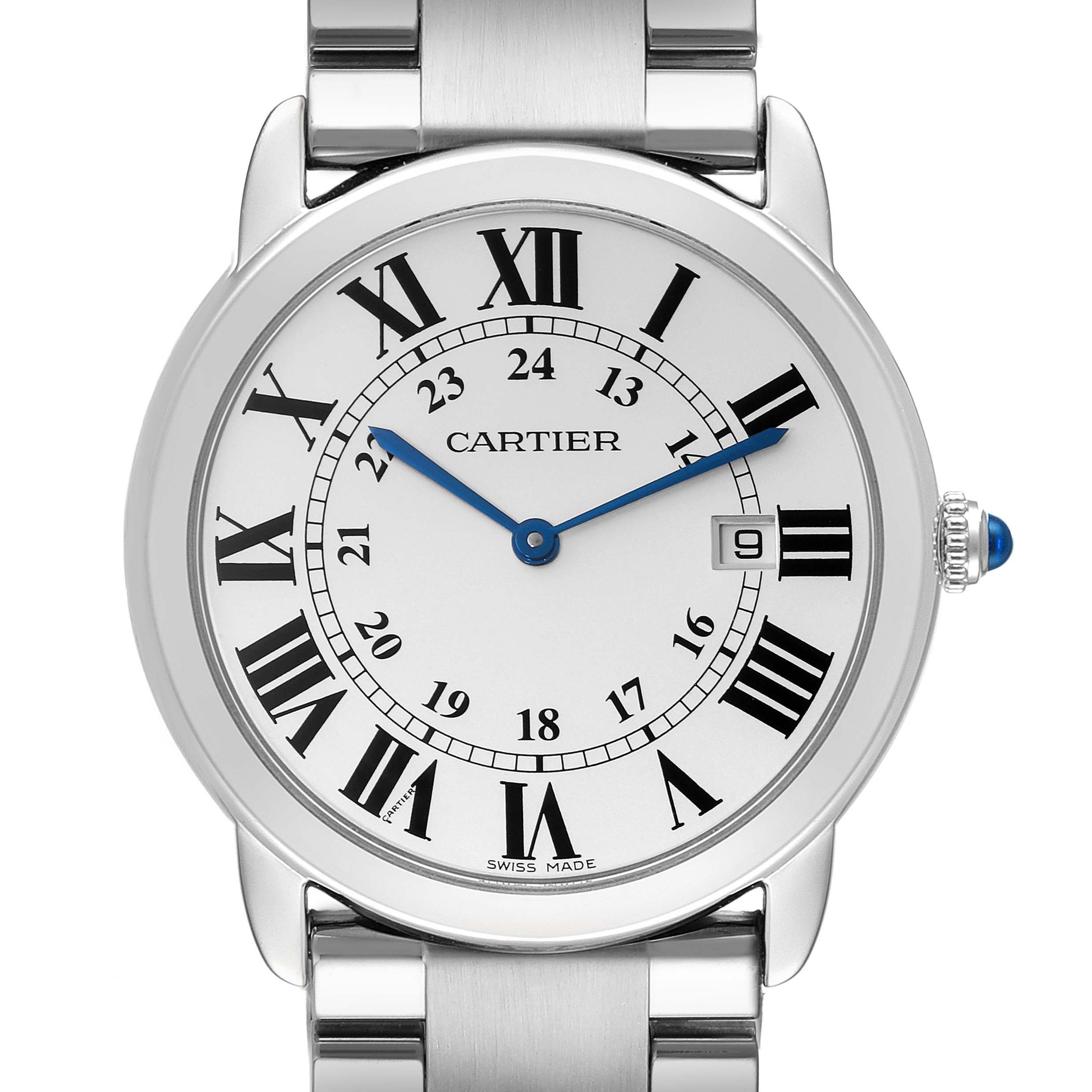 The image shows a front view of a Ronde model watch by Cartier, highlighting the dial, bracelet, and crown.