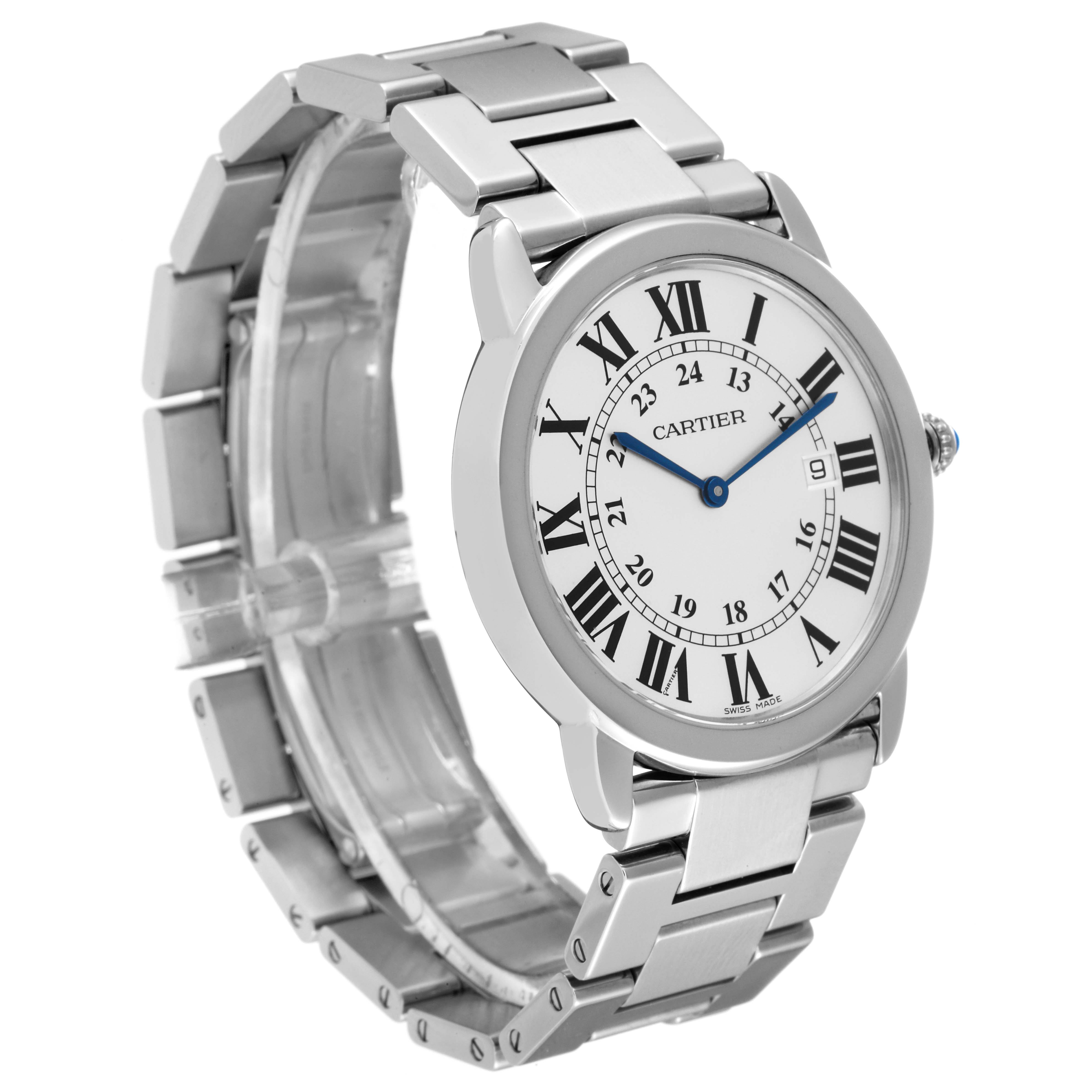 The image shows a Cartier Ronde W6701005 Men
s Stainless Steel Silver Dial W6701005 Men
s Stainless Steel Silver Dial watch at a slight angle, featuring its face and metal bracelet.
