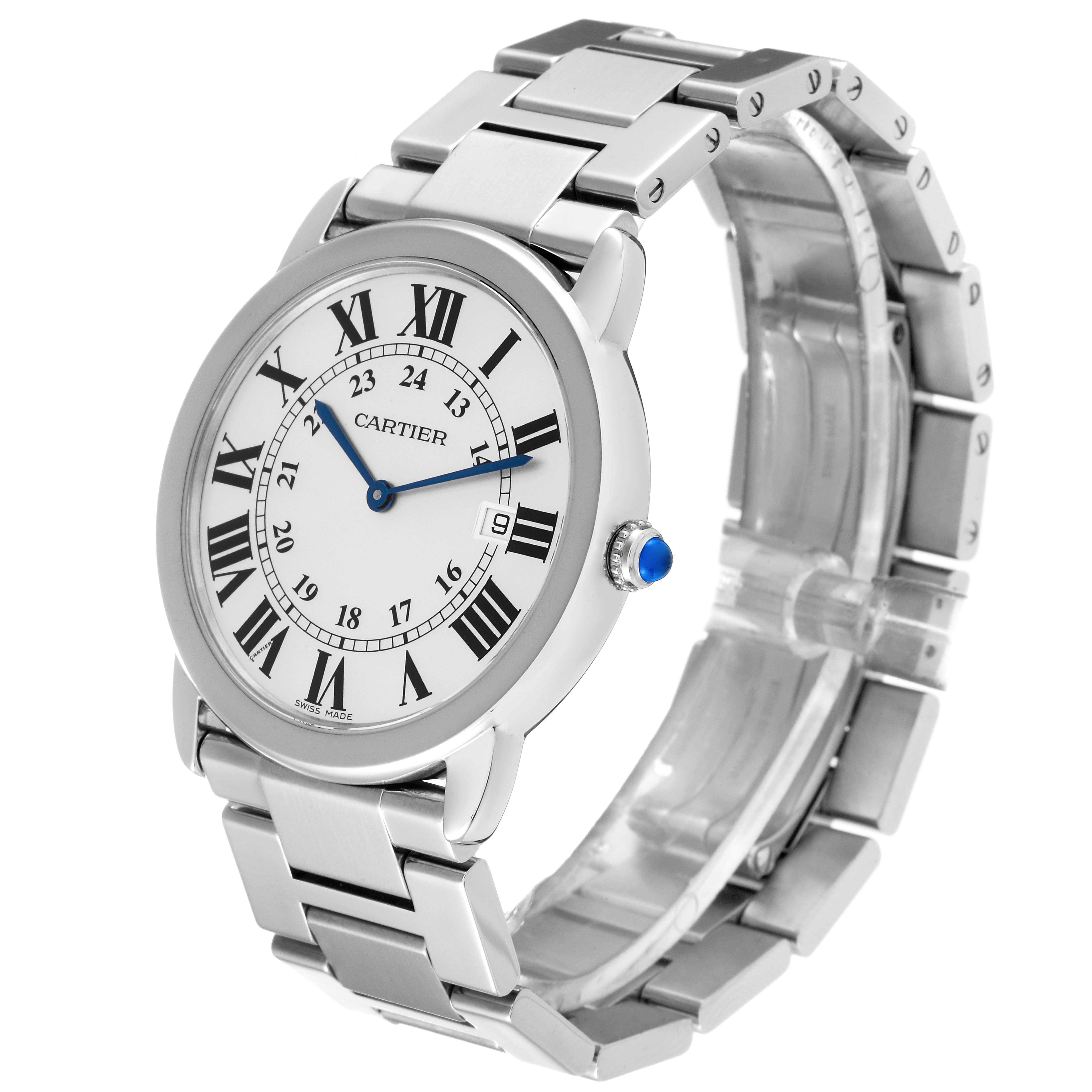 The Cartier Ronde W6701005 Men
s Stainless Steel Silver Dial W6701005 Men
s Stainless Steel Silver Dial watch is shown at a slight angle, displaying the face, bracelet, and crown with a blue cabochon.