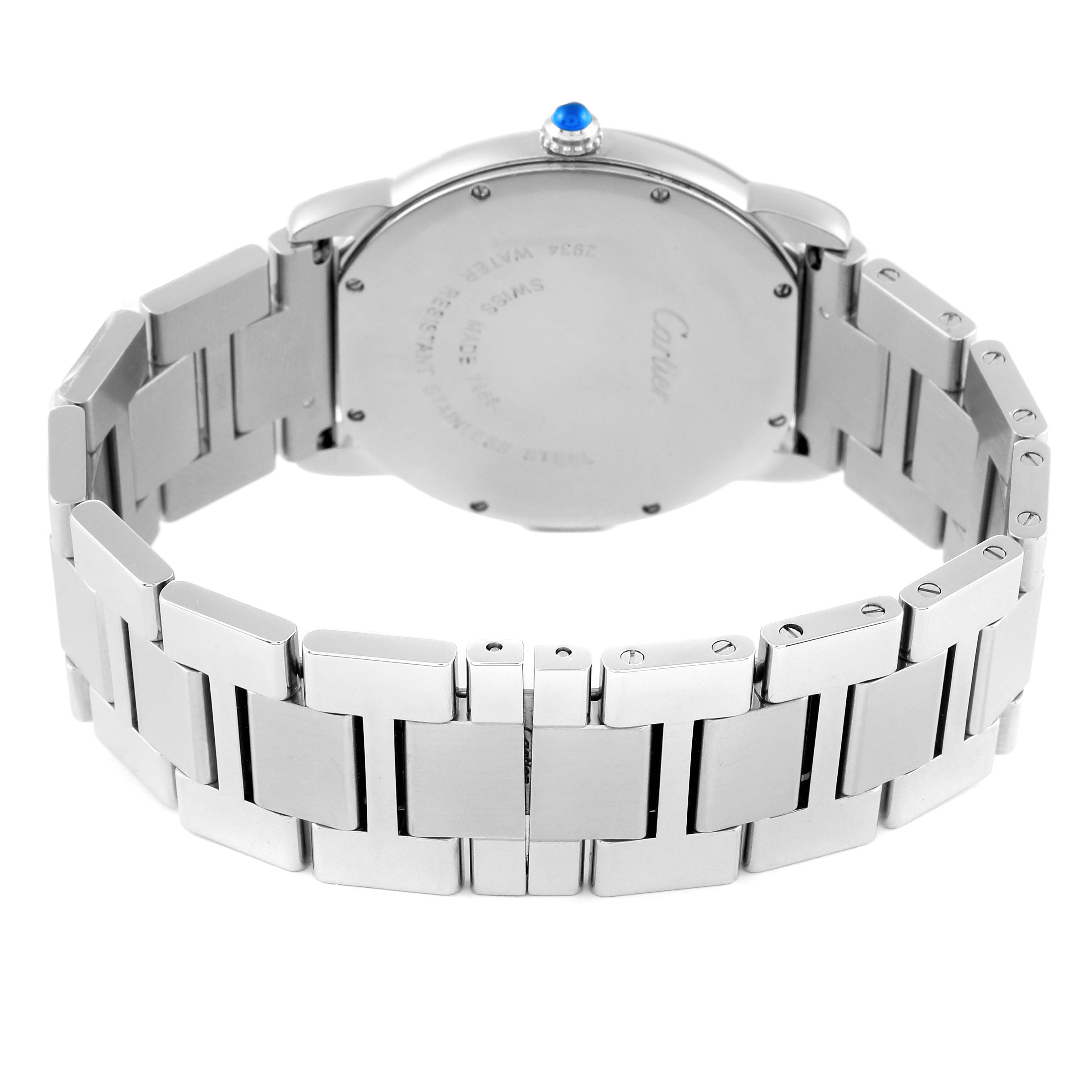 This image shows the back case and metallic bracelet of the Cartier Ronde W6701005 Men
s Stainless Steel Silver Dial W6701005 Men
s Stainless Steel Silver Dial watch, featuring a blue gemstone crown.