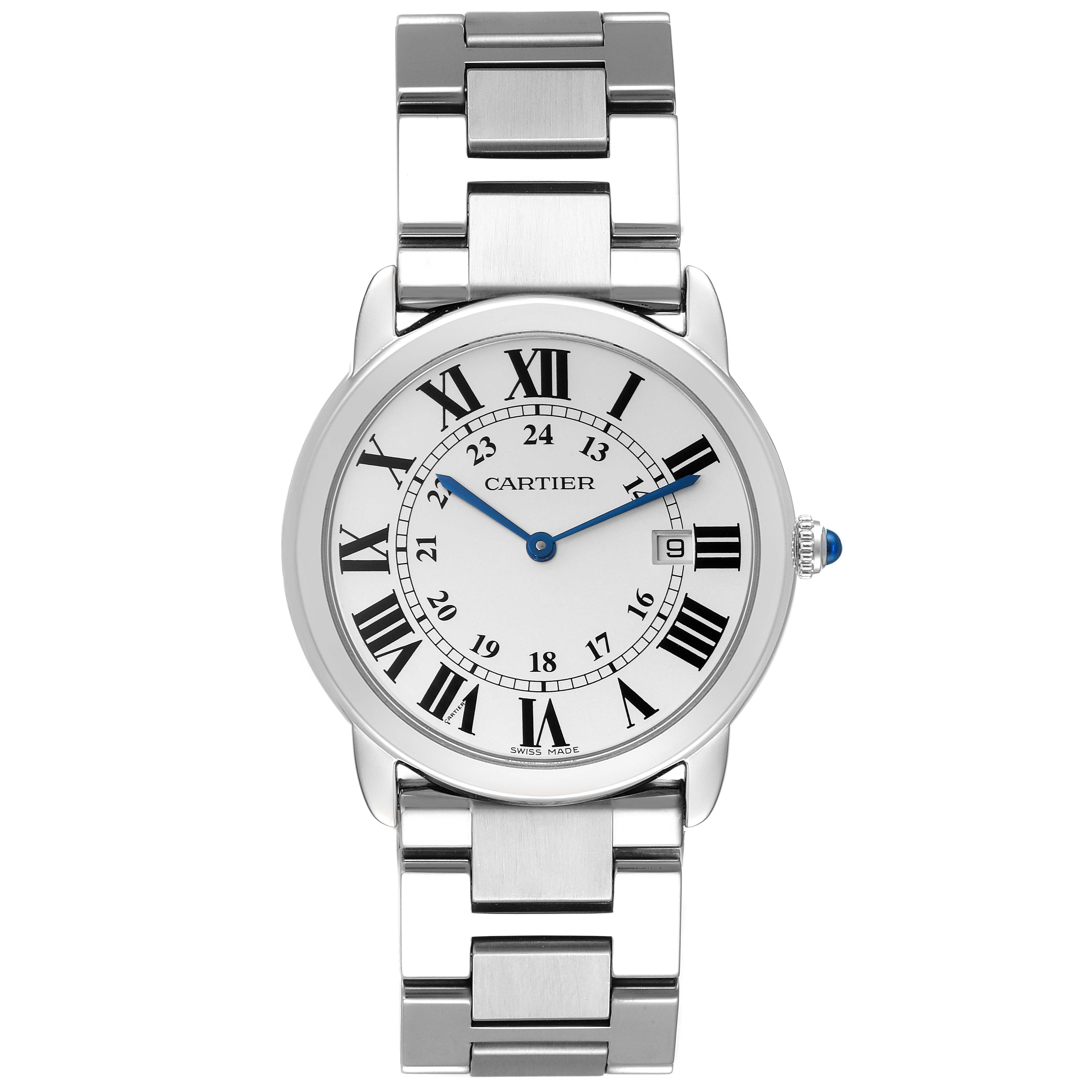 The image shows a front view of a Cartier Ronde W6701005 Men
s Stainless Steel Silver Dial W6701005 Men
s Stainless Steel Silver Dial model watch, highlighting the face, hands, and metal bracelet.